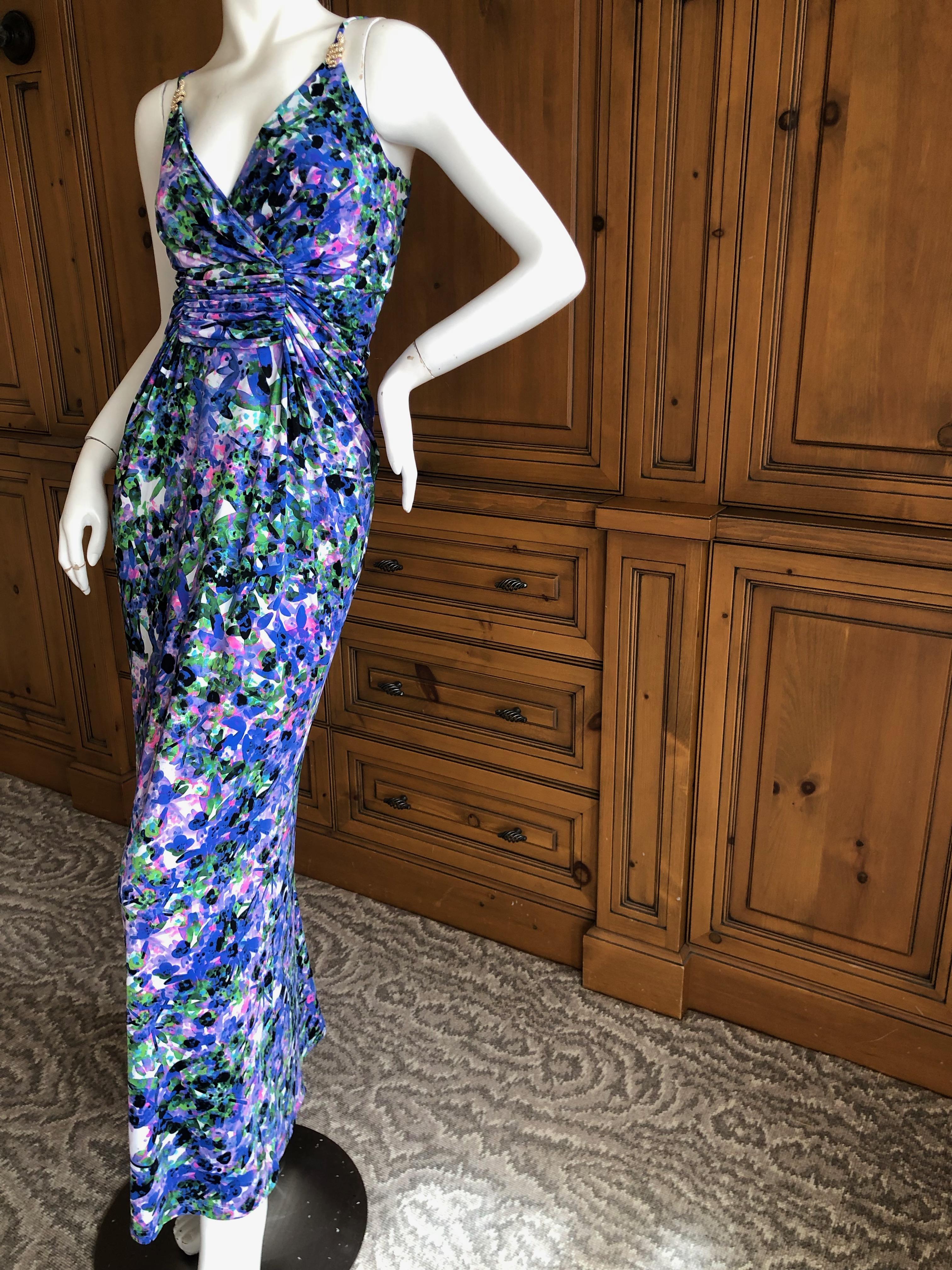 Purple Roberto Cavalli Vintage Floral Maxi Dress with Jeweled Serpent Accents For Sale