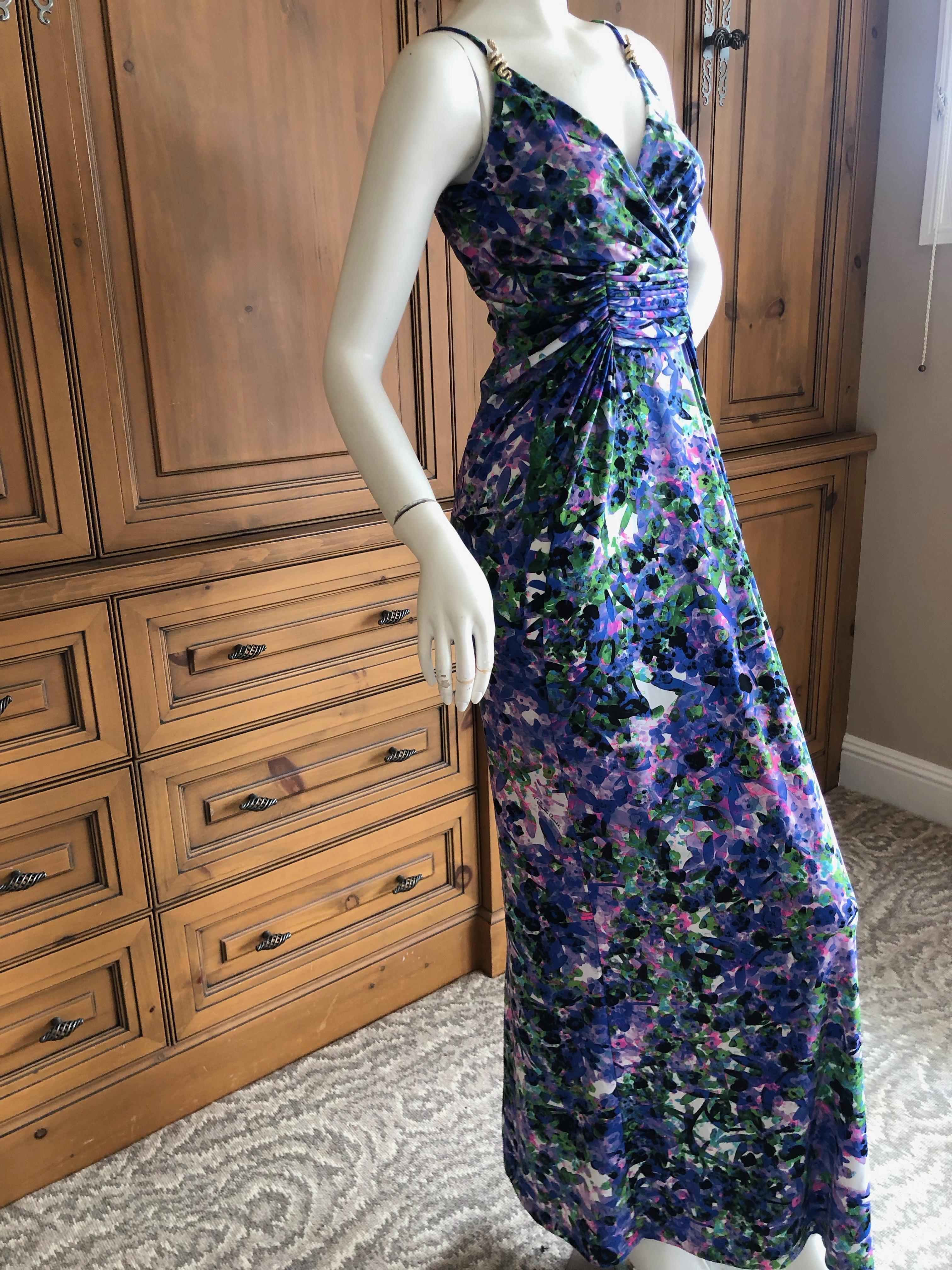 Roberto Cavalli Vintage Floral Maxi Dress with Jeweled Serpent Accents In Excellent Condition For Sale In Cloverdale, CA
