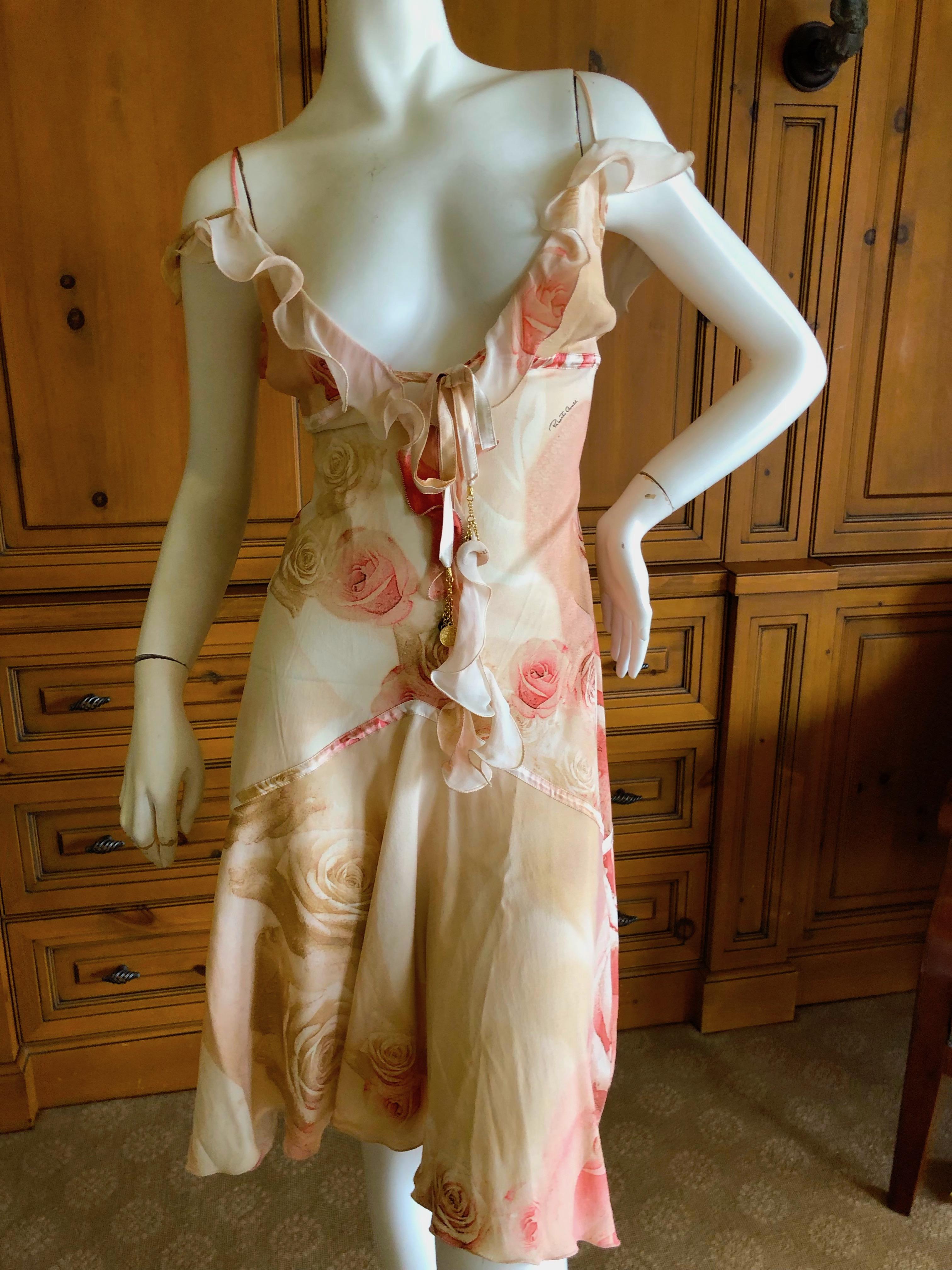 Beige Roberto Cavalli Vintage Floral Silk Low Cut Floral Dress Size Large For Sale