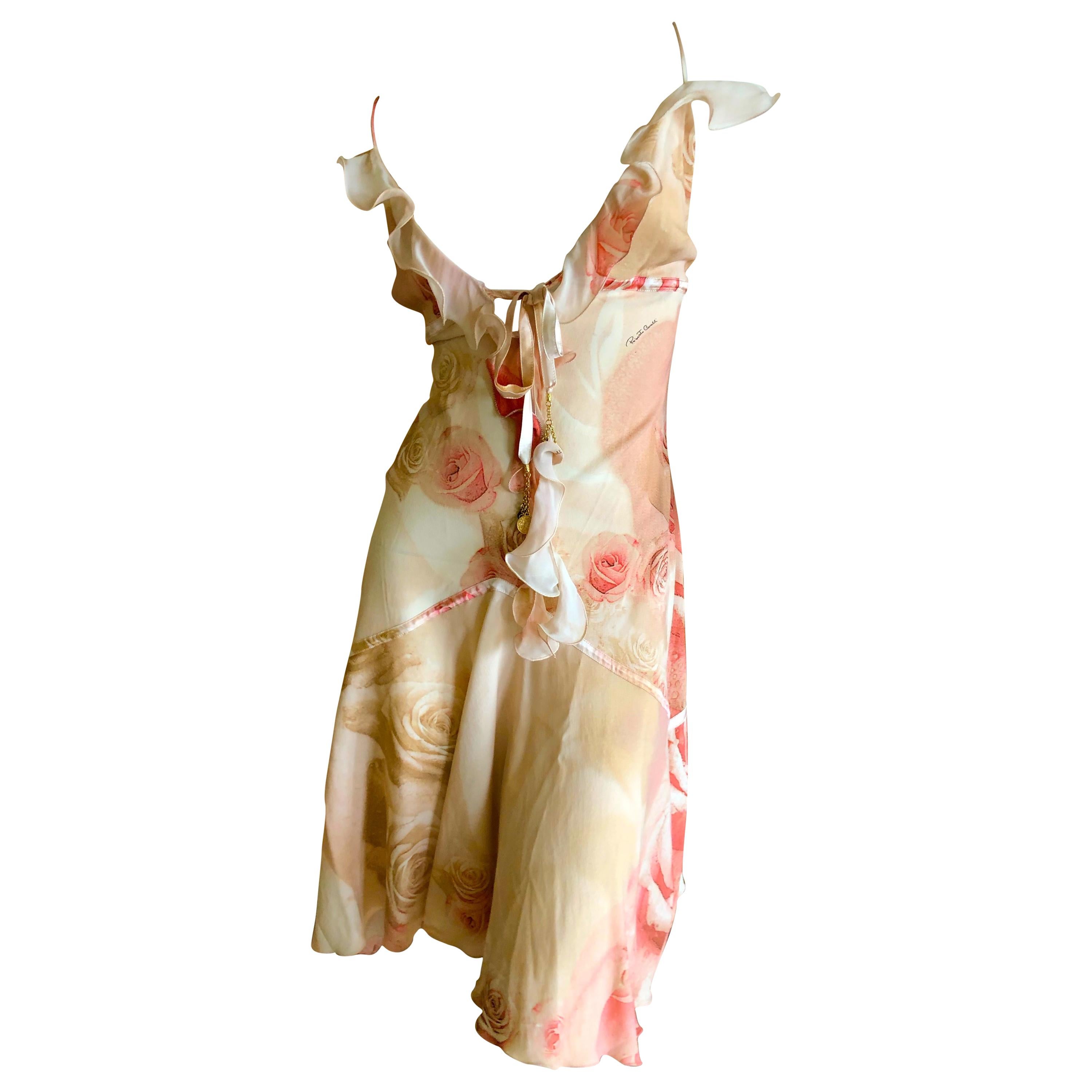 Roberto Cavalli Vintage Floral Silk Low Cut Floral Dress Size Large For Sale