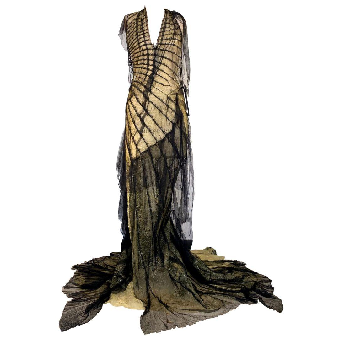 Roberto Cavalli Vintage Runway - Gold & Black Lace Evening Gown Dress Spring/Summer 2001 Size Medium  