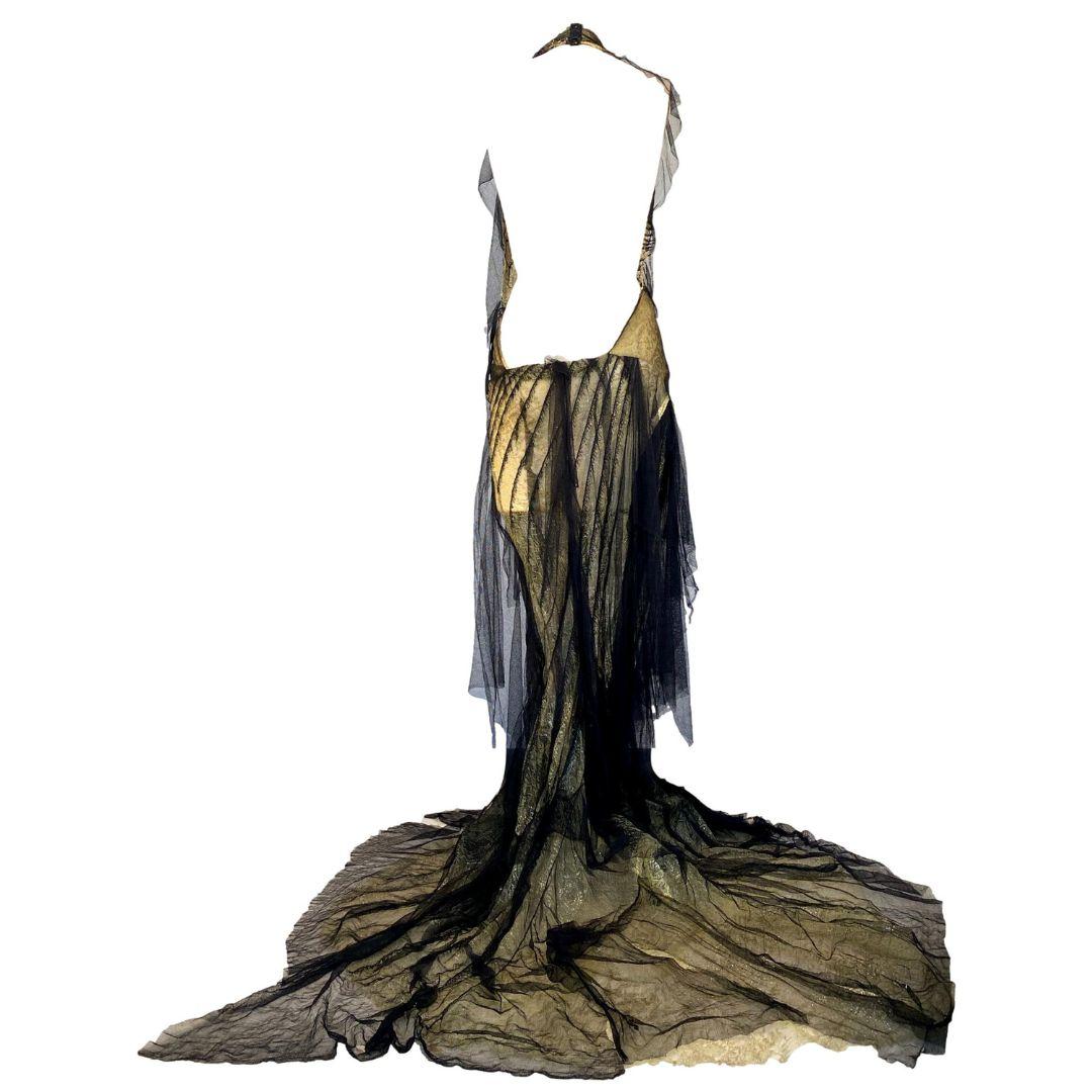 Women's Roberto Cavalli Vintage Gold & Black Lace Evening Gown Dress S/S 2001 Size M For Sale