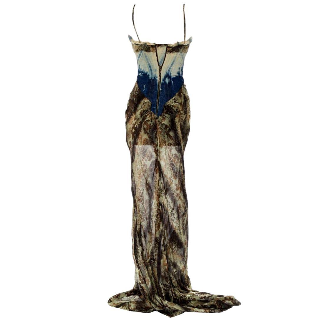 Roberto Cavalli Vintage Denim & Silk Evening Gown Fall/Winter 2001 Size 40IT In Good Condition In Saint Petersburg, FL