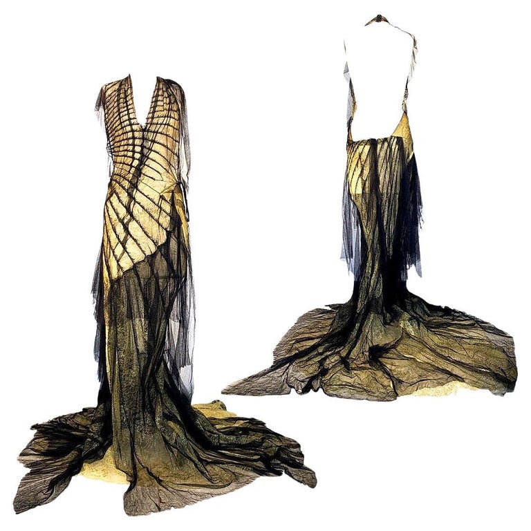 Roberto Cavalli Vintage Gold and Black Lace Evening Gown Dress S/S 2001  Size M For Sale at 1stDibs