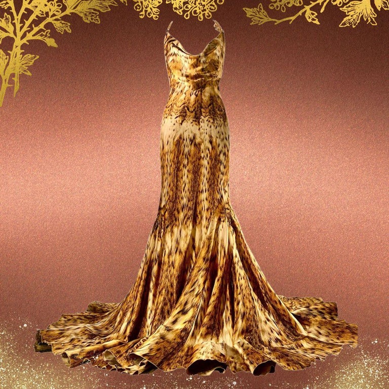 Roberto Cavalli Vintage Gold Leopard Evening Gown Dress Fall/Winter 2003  Size M at 1stDibs | coquettishly adorned, vintage roberto cavalli dress 2003