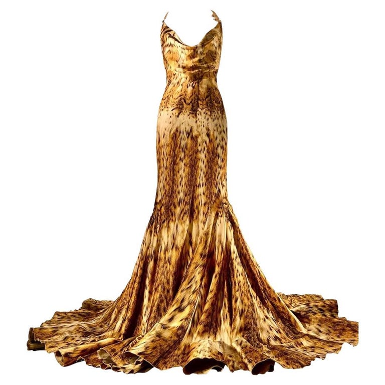 Roberto Cavalli Vintage Gold Leopard Evening Gown Dress Fall