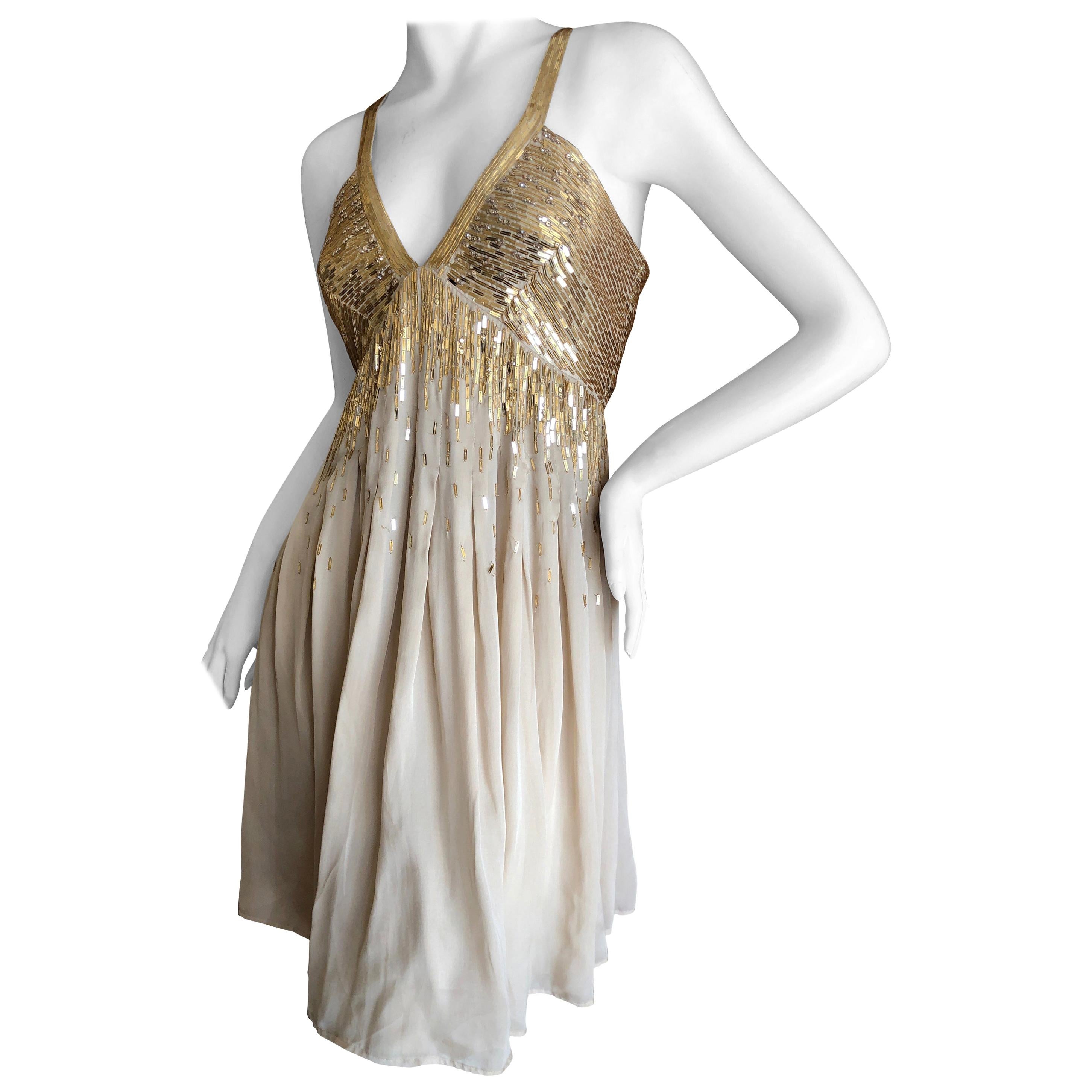 Roberto Cavalli Vintage Gold Silk Sequin Babydoll Mini Dress For Sale