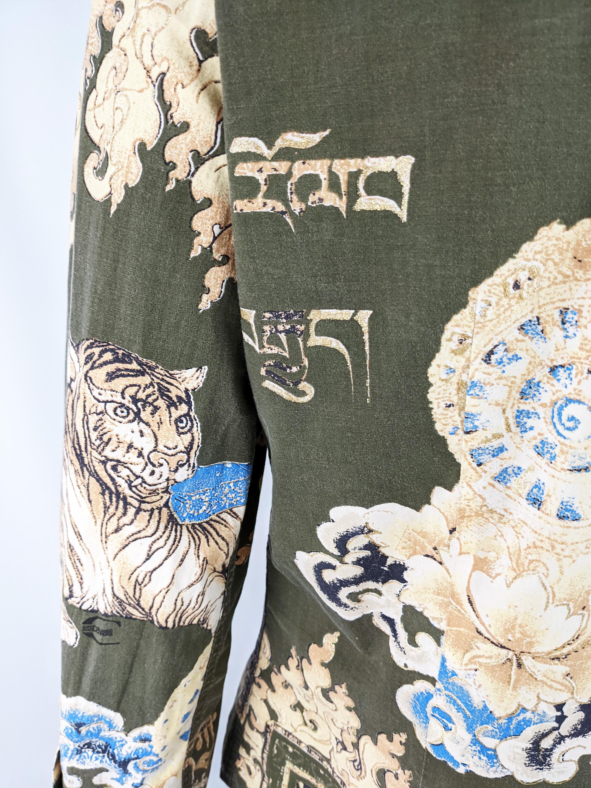 Gray Roberto Cavalli Vintage Green & Gold Asian Print Mens Shirt