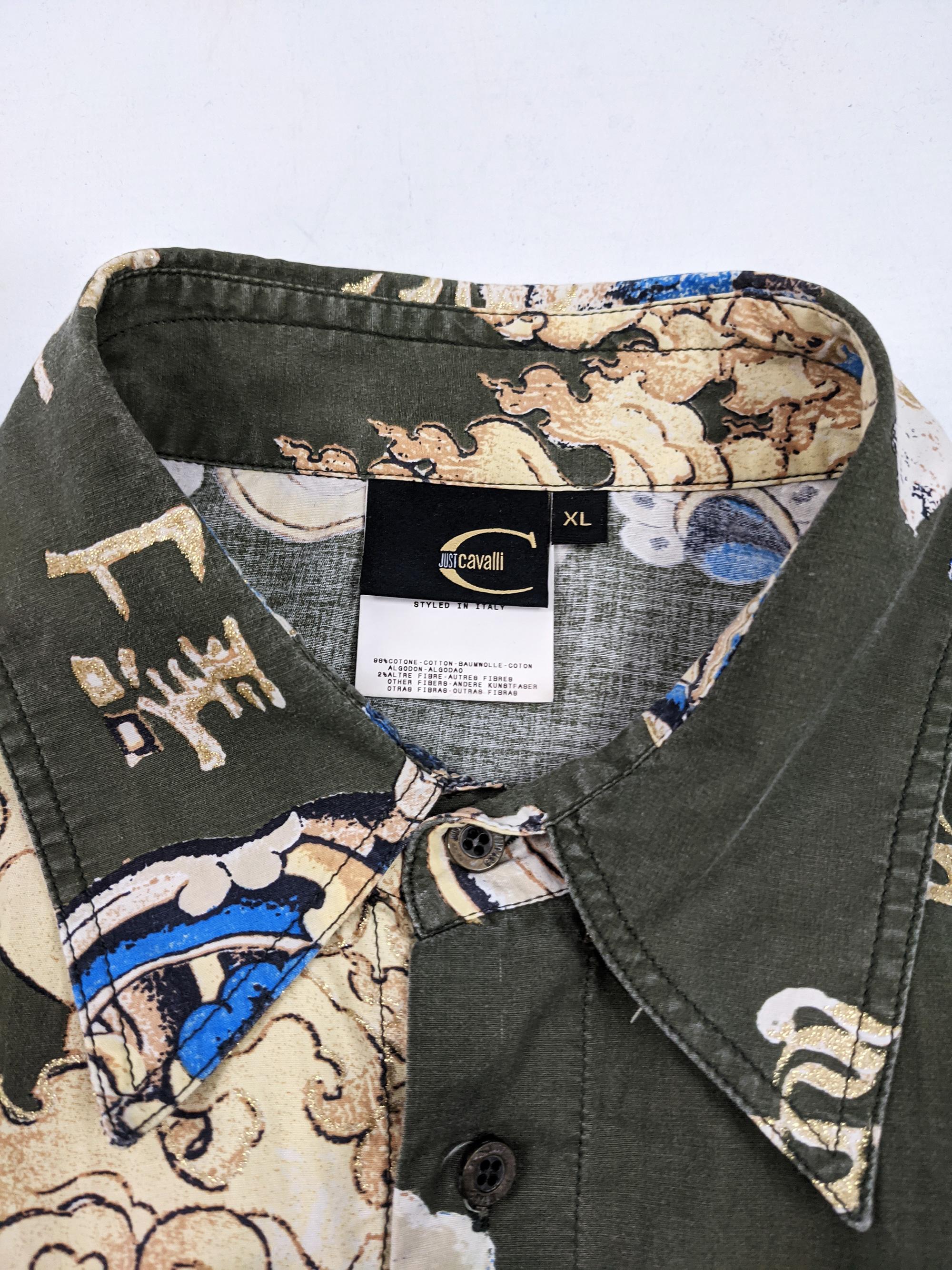 Roberto Cavalli Vintage Grün & Gold asiatischen Druck Herrenhemd 5