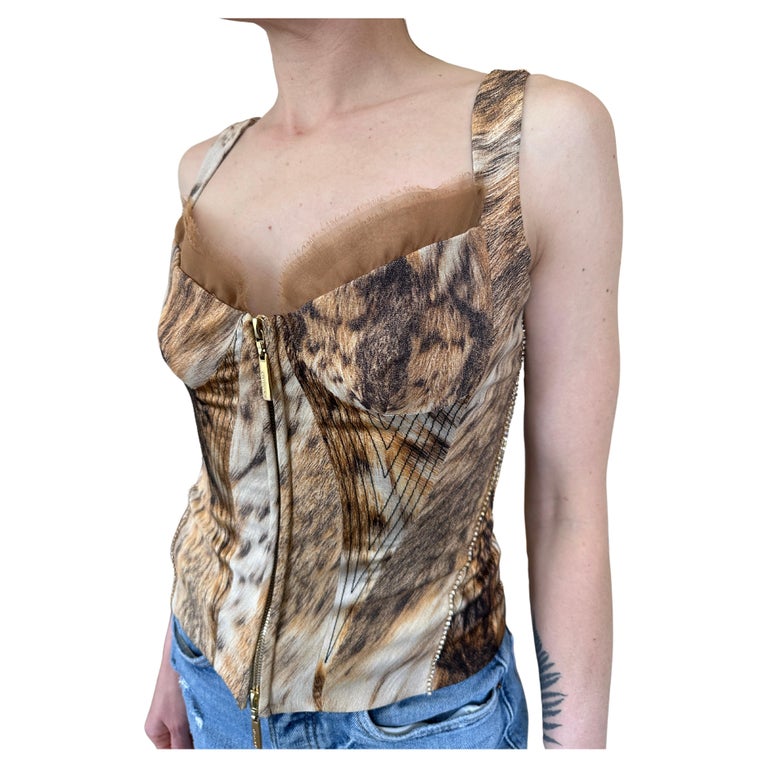 Roberto Cavalli Vintage Leopard Print Corset Bustier w Crystal and Lace