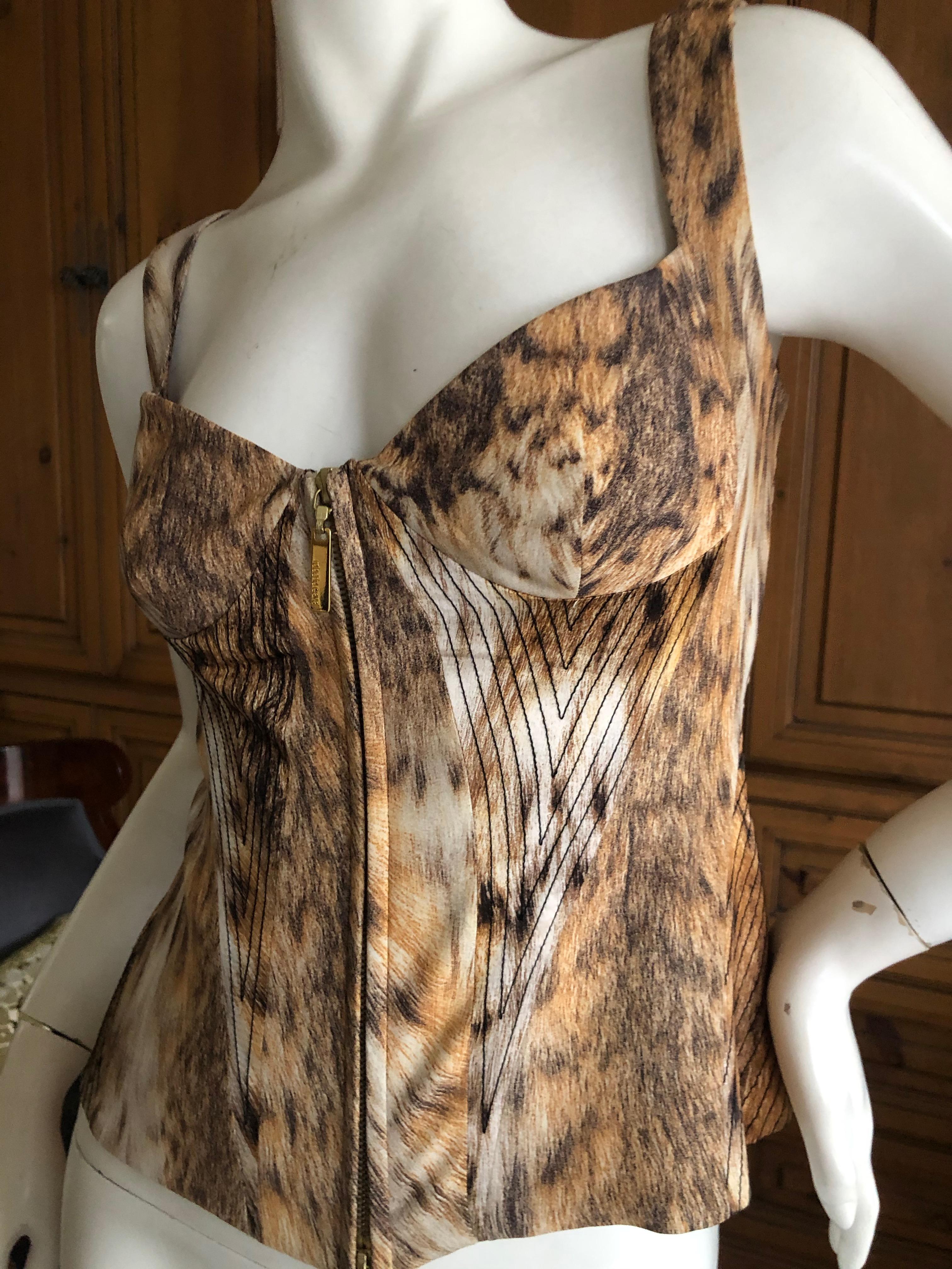 Brown Roberto Cavalli Vintage Leopard Print Corset Bustier with Lace Up Details For Sale