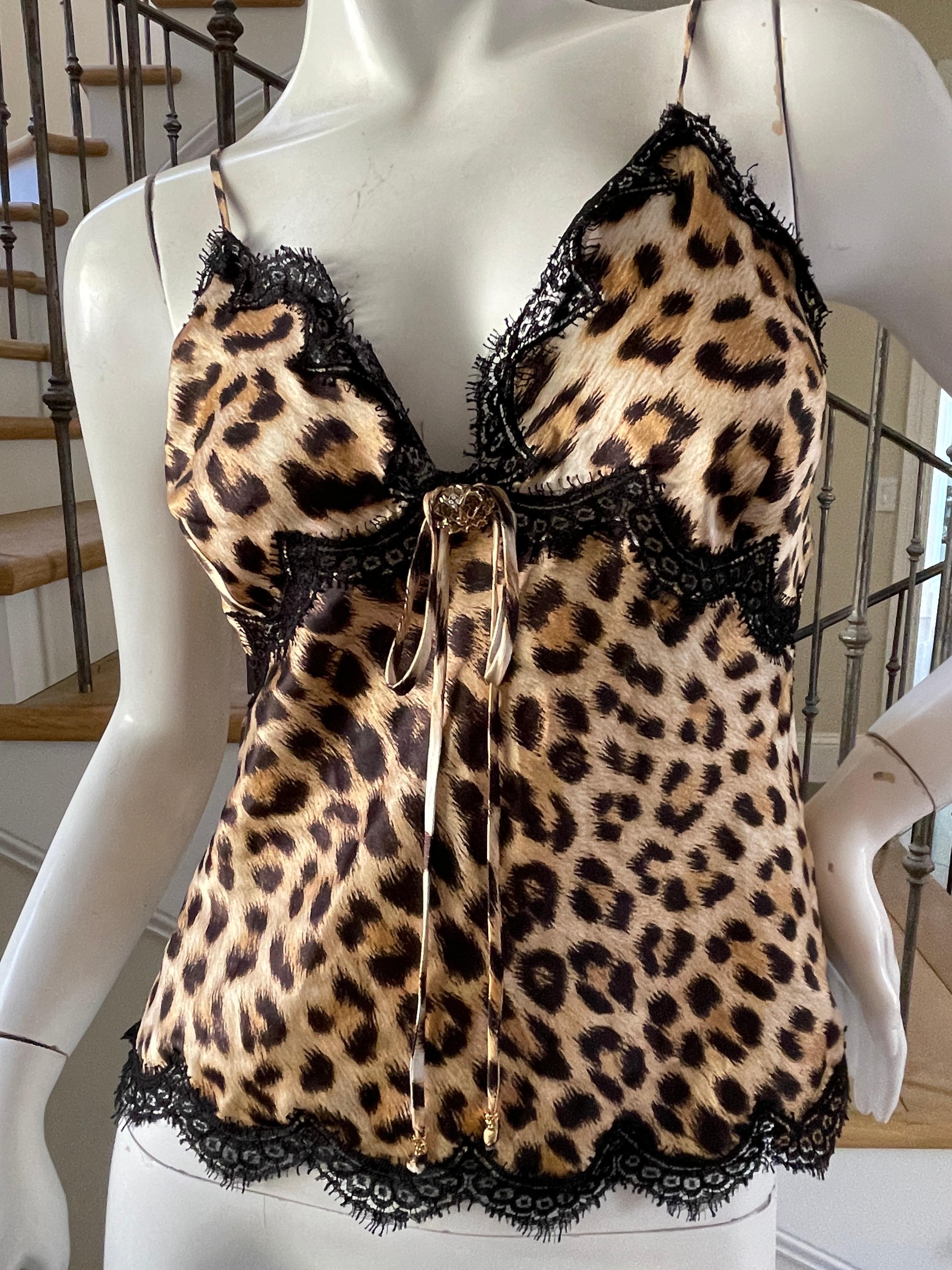 Roberto Cavalli Vintage Leopard Print Lace Trim Silk Camisole In Excellent Condition For Sale In Cloverdale, CA