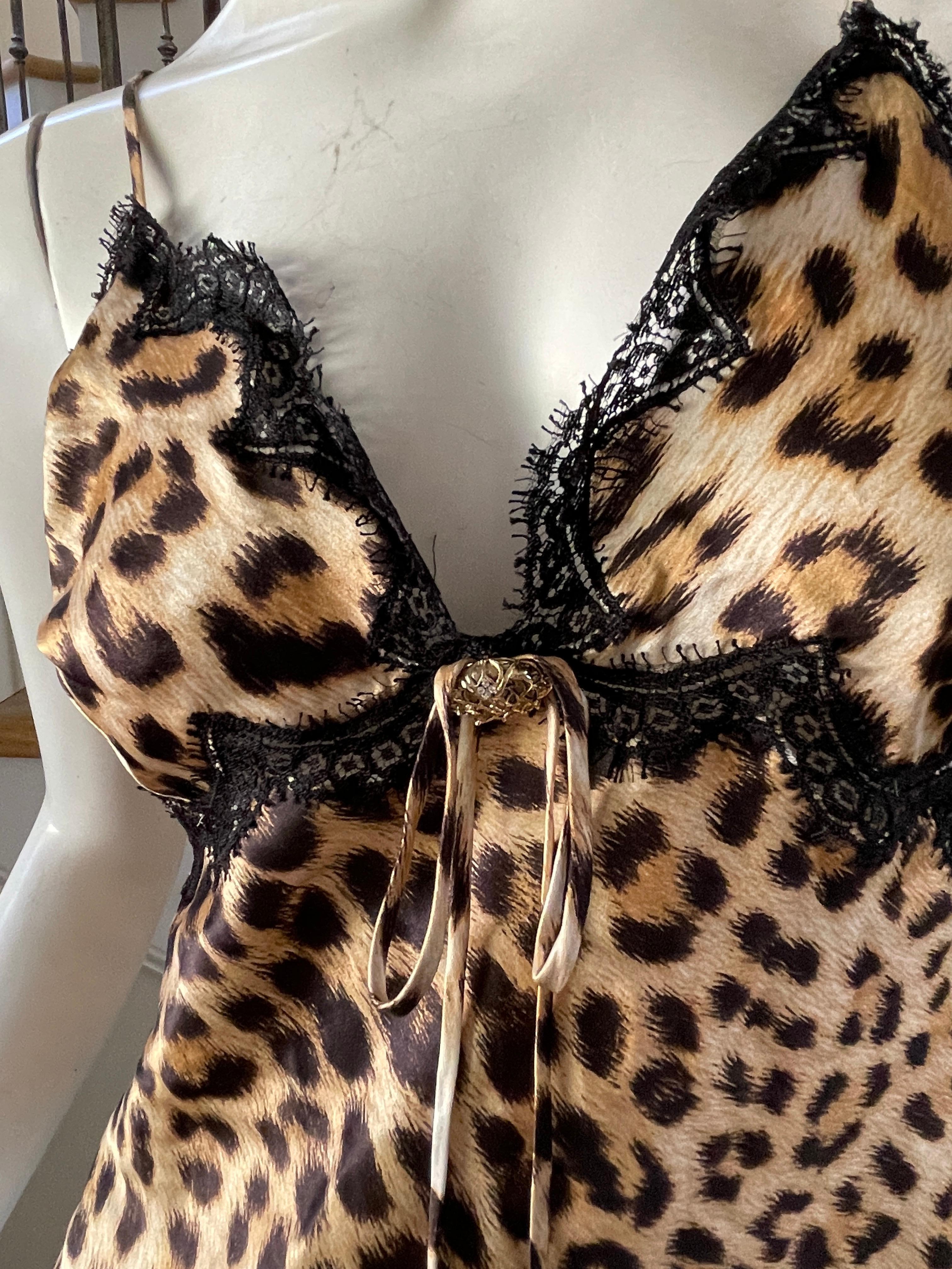 Women's Roberto Cavalli Vintage Leopard Print Lace Trim Silk Camisole For Sale