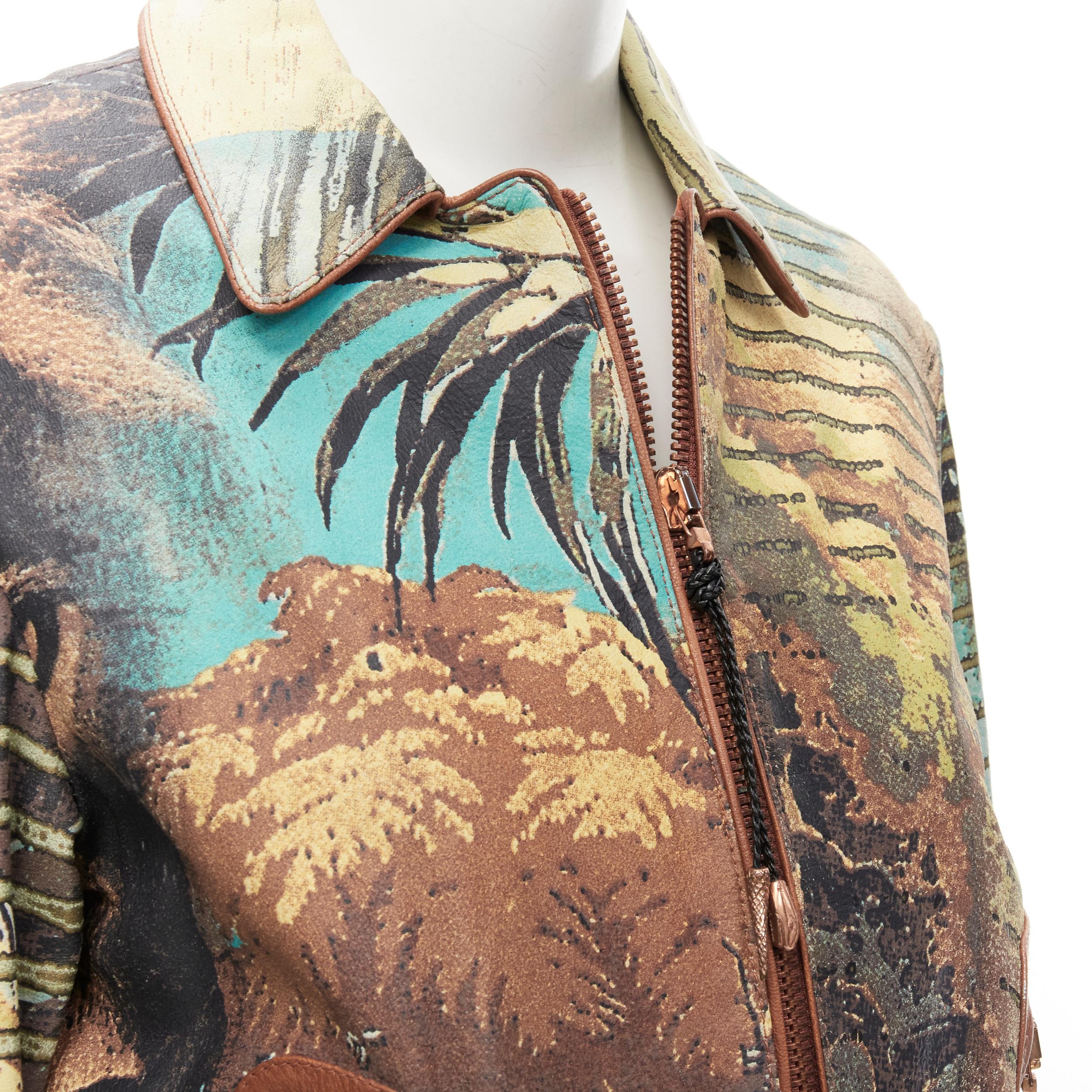 ROBERTO CAVALLI Vintage lion jungle stripes print 100% leather jacket M 6