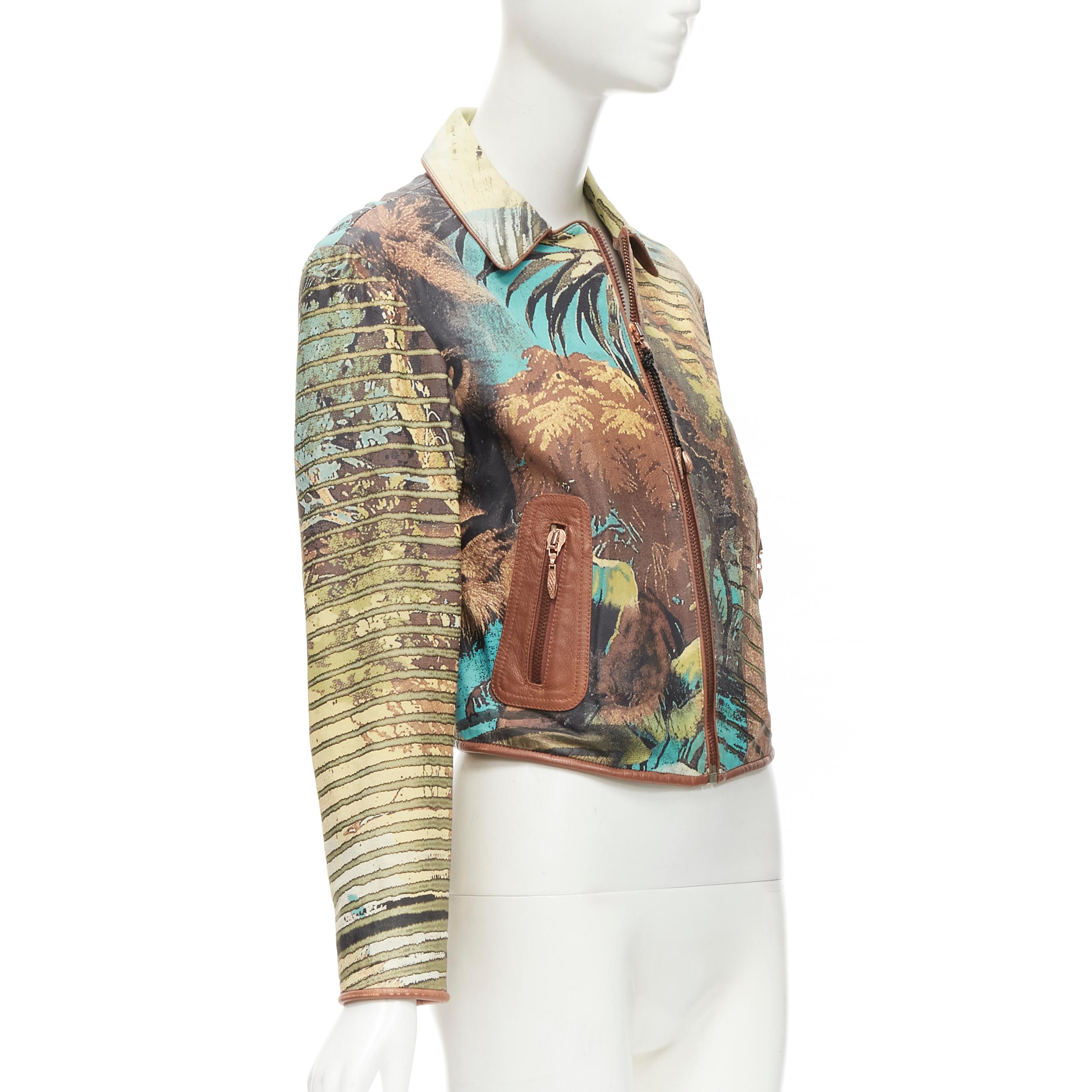 Women's ROBERTO CAVALLI Vintage lion jungle stripes print 100% leather jacket M