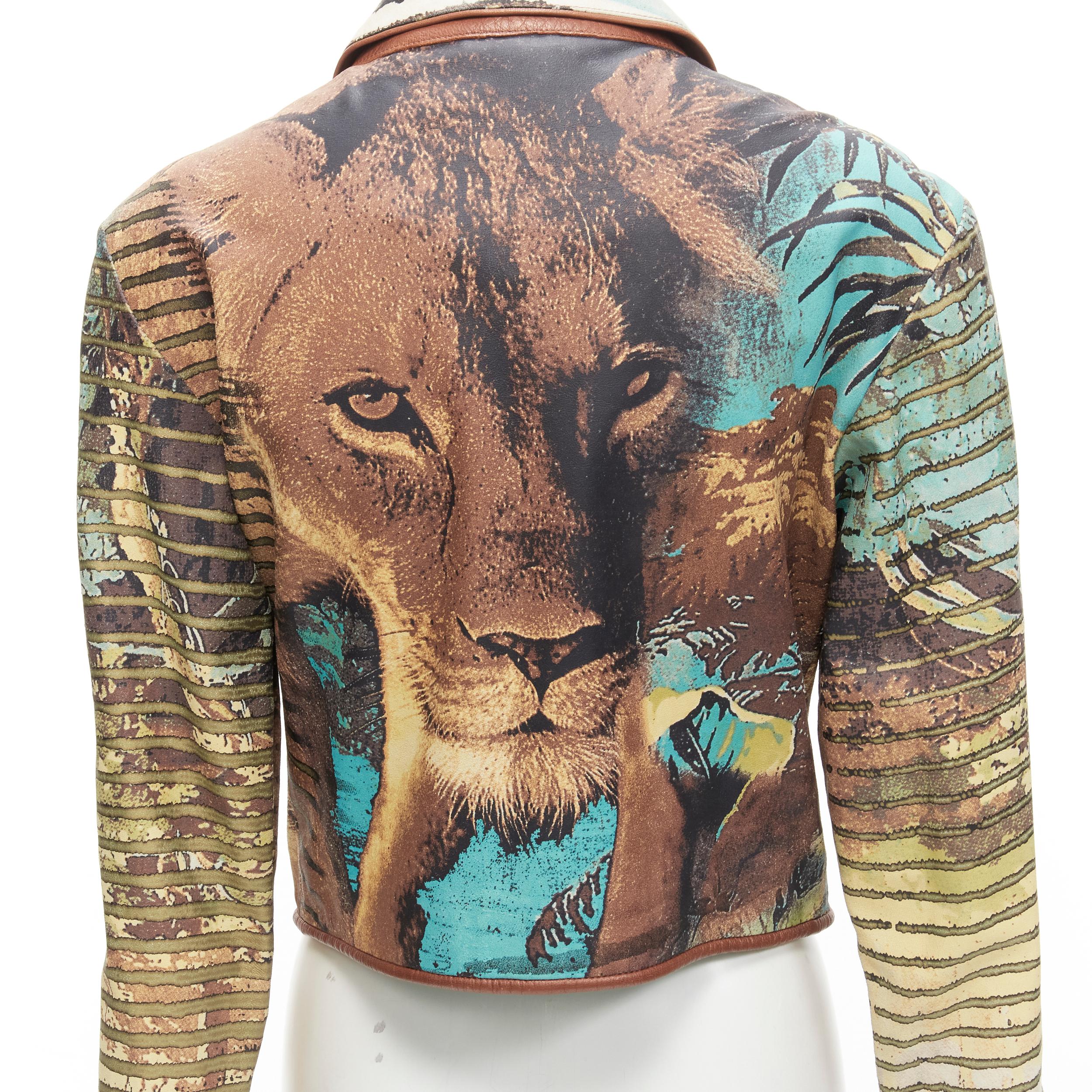 ROBERTO CAVALLI Vintage lion jungle stripes print 100% leather jacket M 3