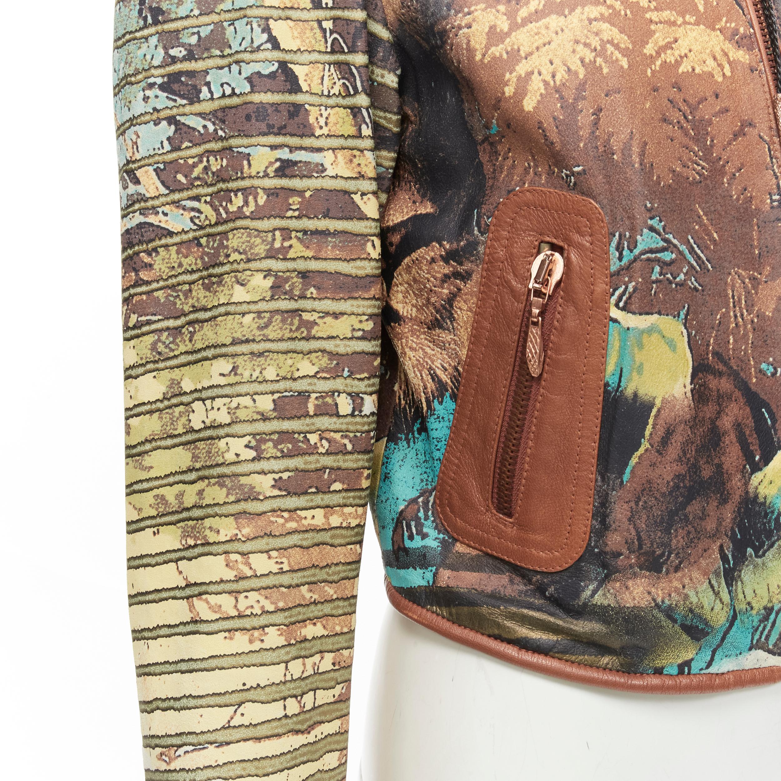 ROBERTO CAVALLI Vintage lion jungle stripes print 100% leather jacket M 5