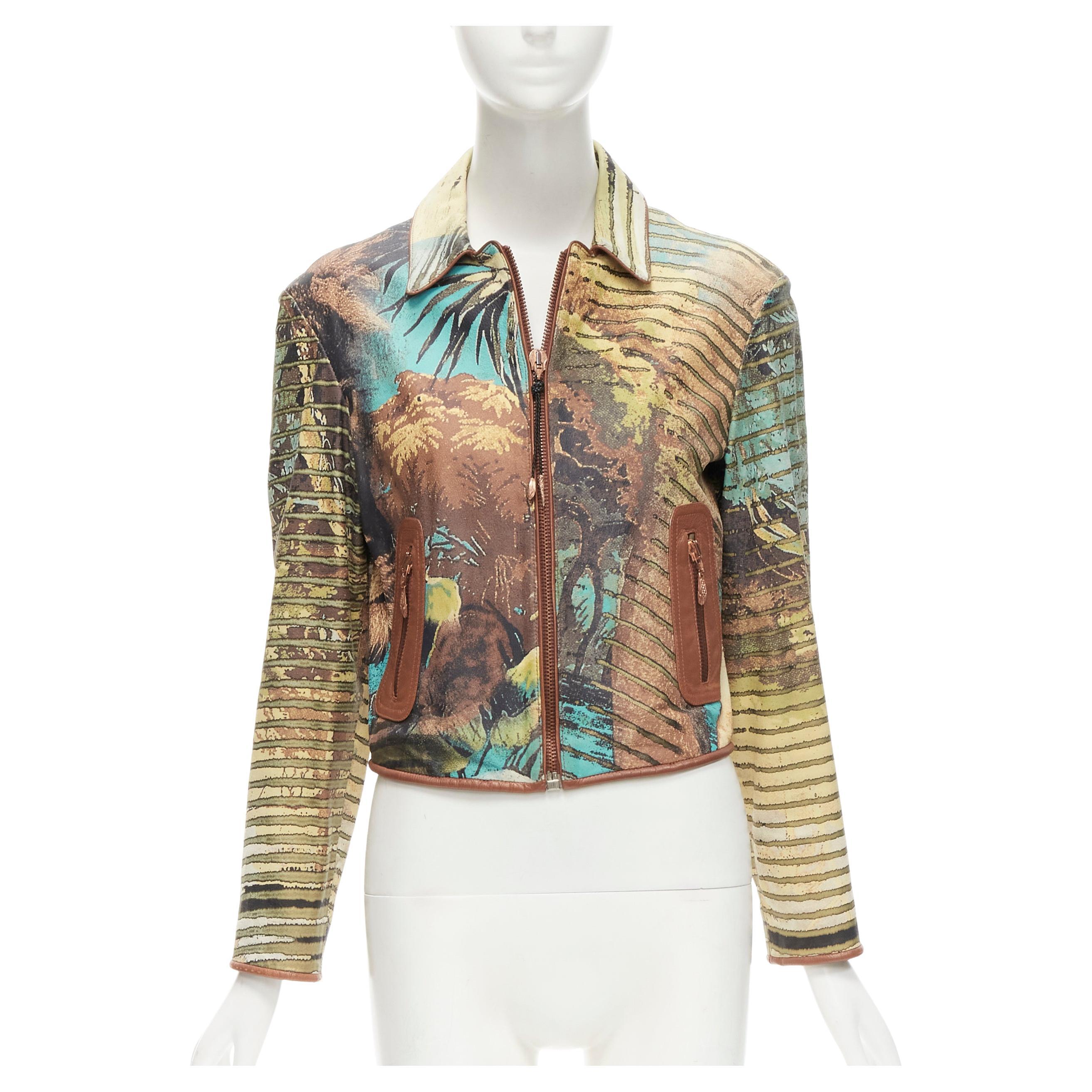 ROBERTO CAVALLI Vintage lion jungle stripes print 100% leather jacket M