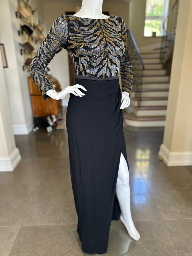 Roberto Cavalli Vintage Long Sleeve Evening Dress with Bugle Bead Tiger