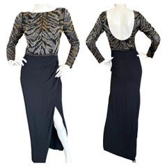 Roberto Cavalli Vintage Long Sleeve Evening Dress with Bugle Bead Tiger Stripes