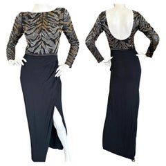 Roberto Cavalli Vintage Long Sleeve Evening Dress with Bugle Bead Tiger Stripes 