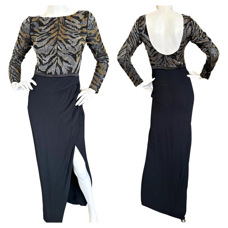 Roberto Cavalli Vintage Long Sleeve Evening Dress with Bugle Bead Tiger