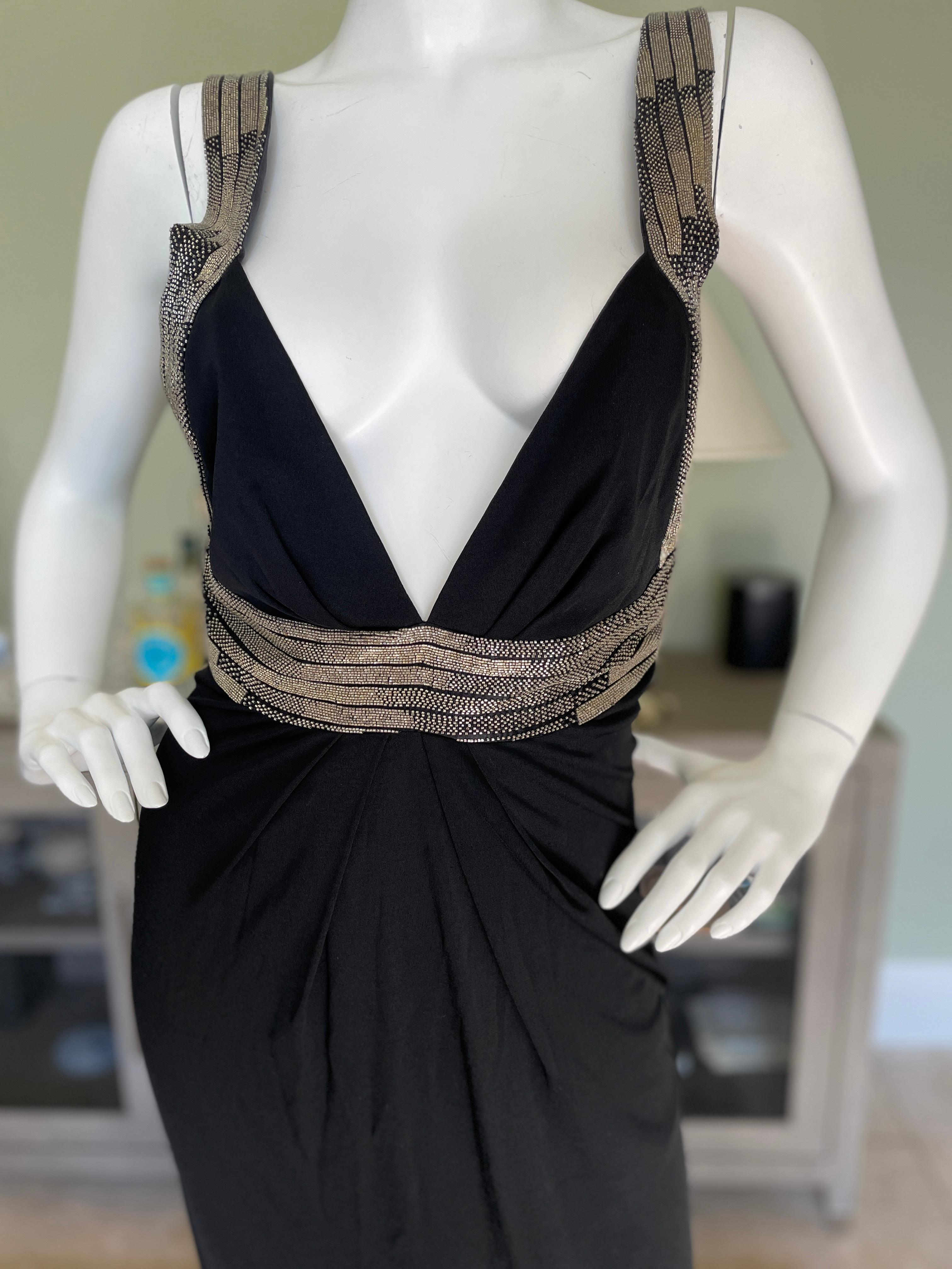 Roberto Cavalli Vintage Low Cut Black Beaded Backless Evening Dress In Excellent Condition In Cloverdale, CA
