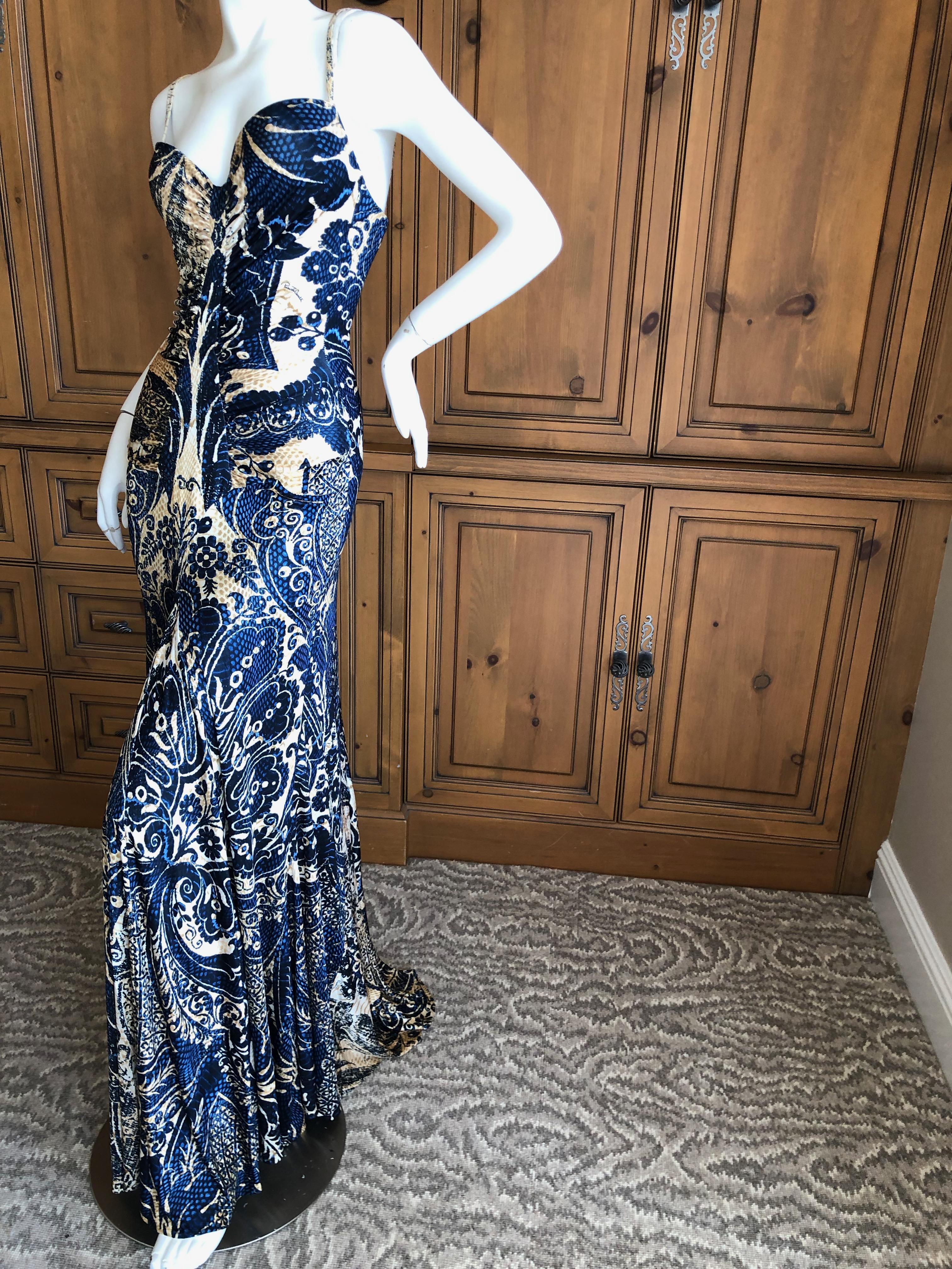 Roberto Cavalli Vintage Low Cut Paisley Print Maxi Dress with Full Skirt In Excellent Condition In Cloverdale, CA