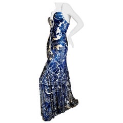 Roberto Cavalli Vintage Low Cut Paisley Print Maxi Dress with Full Skirt