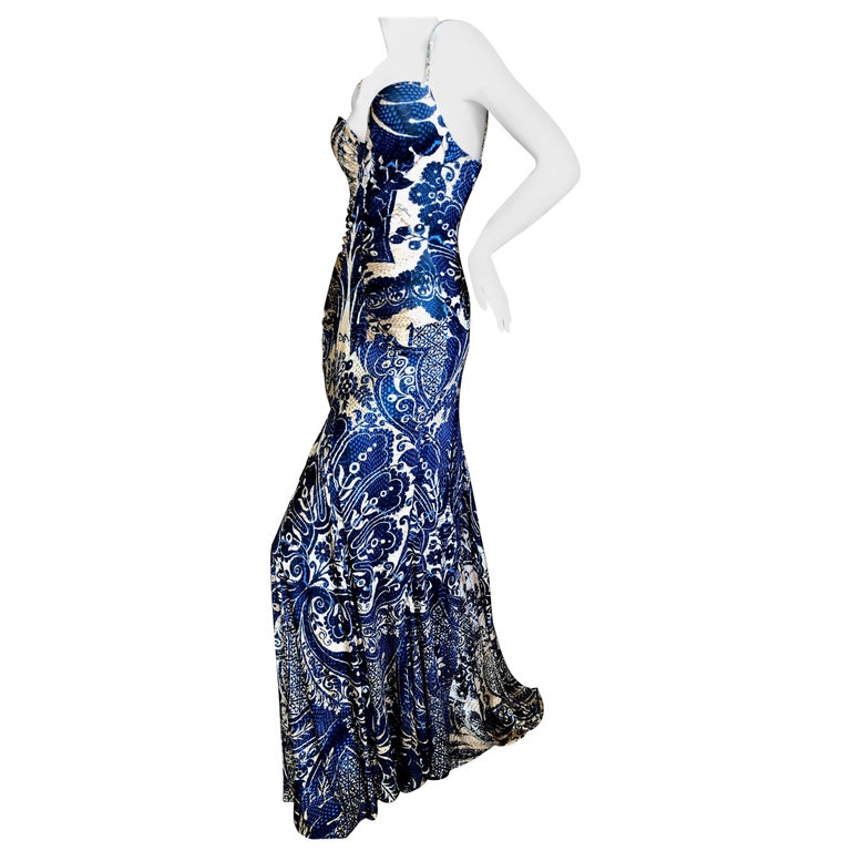 Roberto Cavalli Vintage Low Cut Paisley Print Maxi Dress with Full