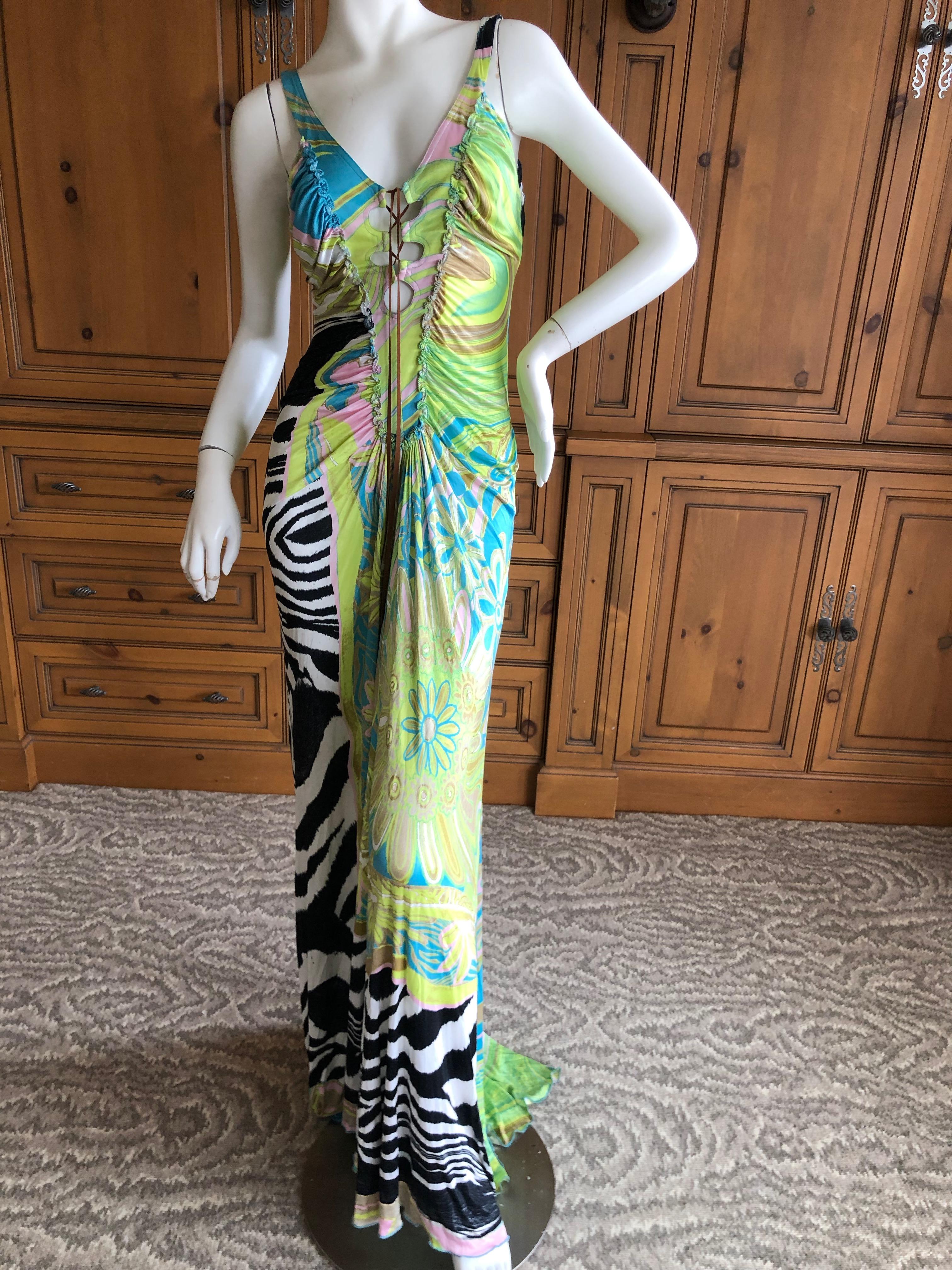 Roberto Cavalli Vintage Multi Print Evening Dress with Lace Up Details In Excellent Condition For Sale In Cloverdale, CA