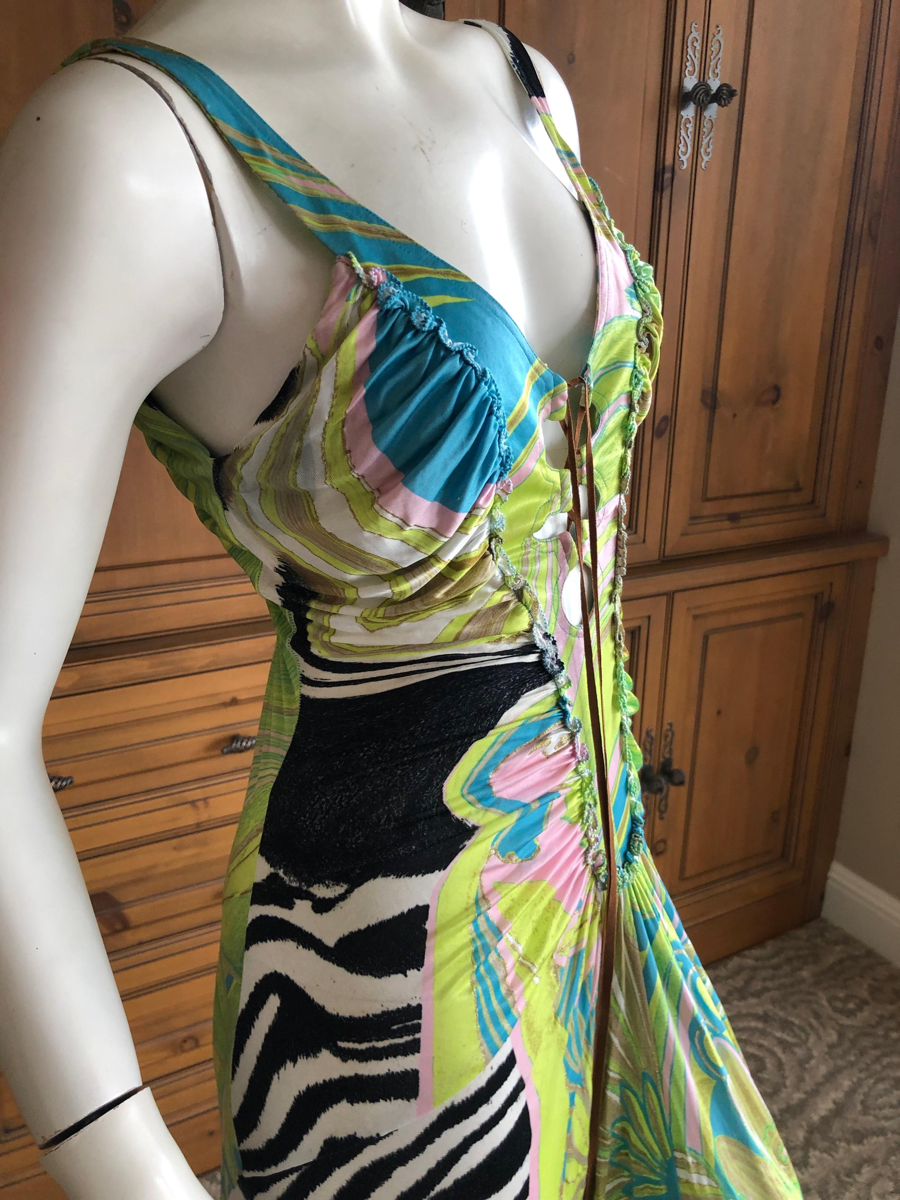 Roberto Cavalli Vintage Multi Print Evening Dress with Lace Up Details For Sale 1
