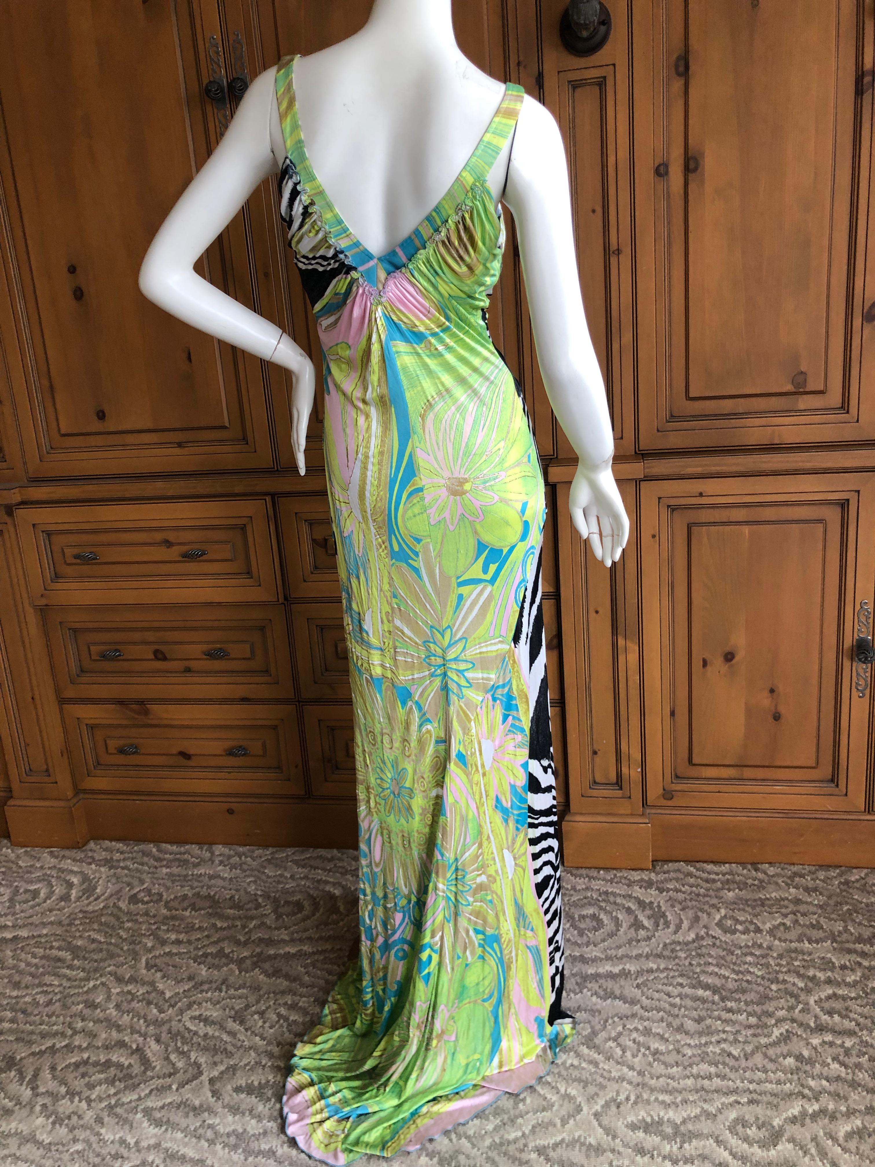 Roberto Cavalli Vintage Multi Print Evening Dress with Lace Up Details For Sale 3