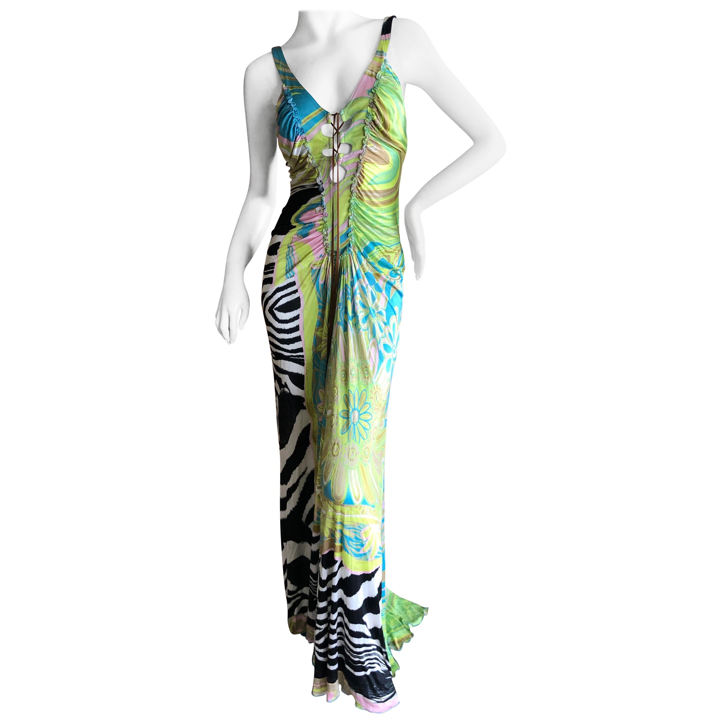Roberto Cavalli Vintage Multi Print Evening Dress with Lace Up Details For Sale