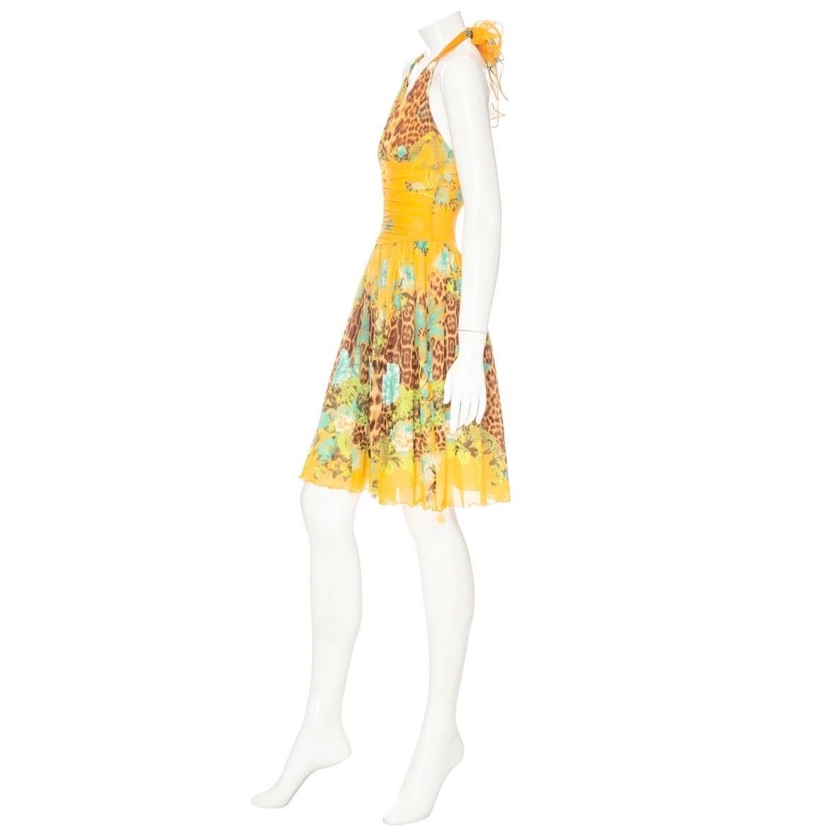 Roberto Cavalli Vintage Orange Leopard and Floral Print Mesh Halter Dress  In Excellent Condition For Sale In Los Angeles, CA