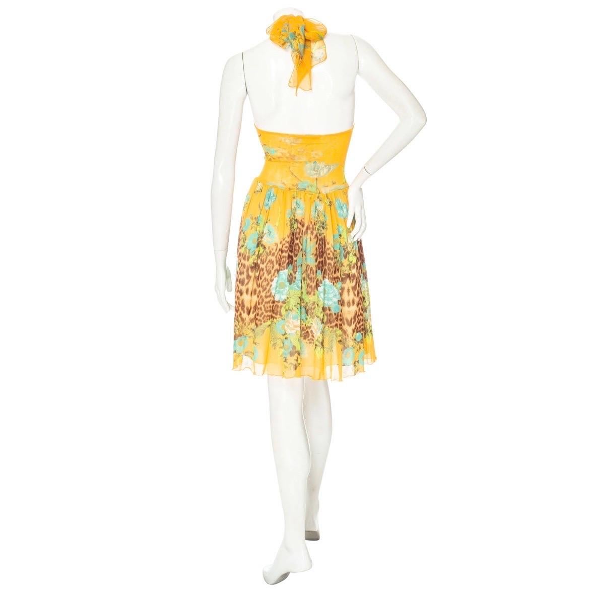Women's Roberto Cavalli Vintage Orange Leopard and Floral Print Mesh Halter Dress 
