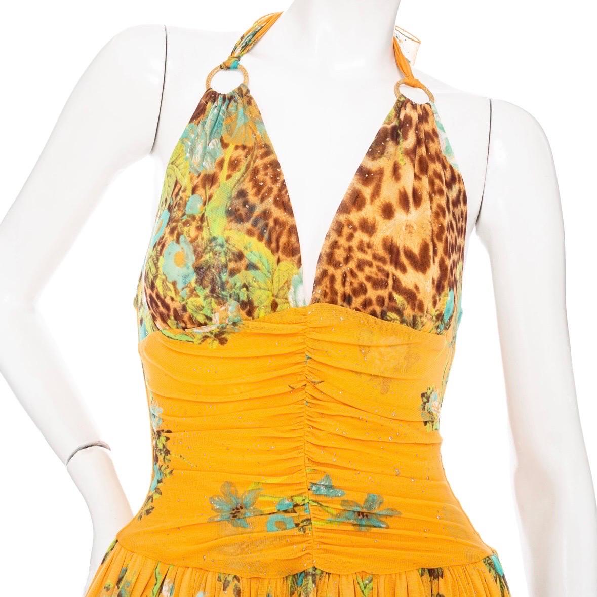 Roberto Cavalli Vintage Orange Leopard and Floral Print Mesh Halter Dress  For Sale 1