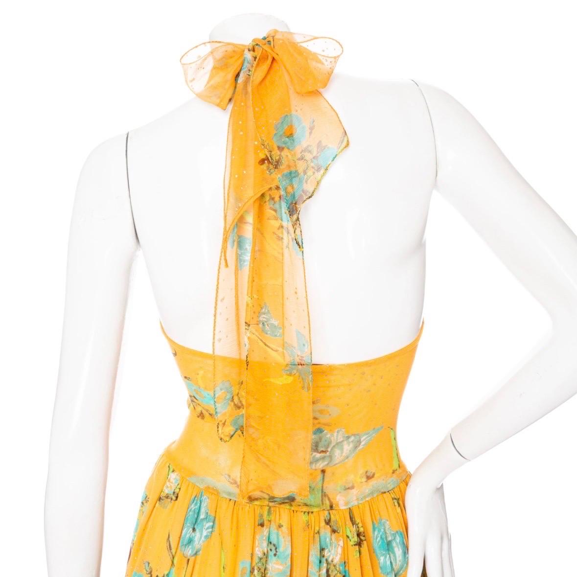 Roberto Cavalli Vintage Orange Leopard and Floral Print Mesh Halter Dress  For Sale 2