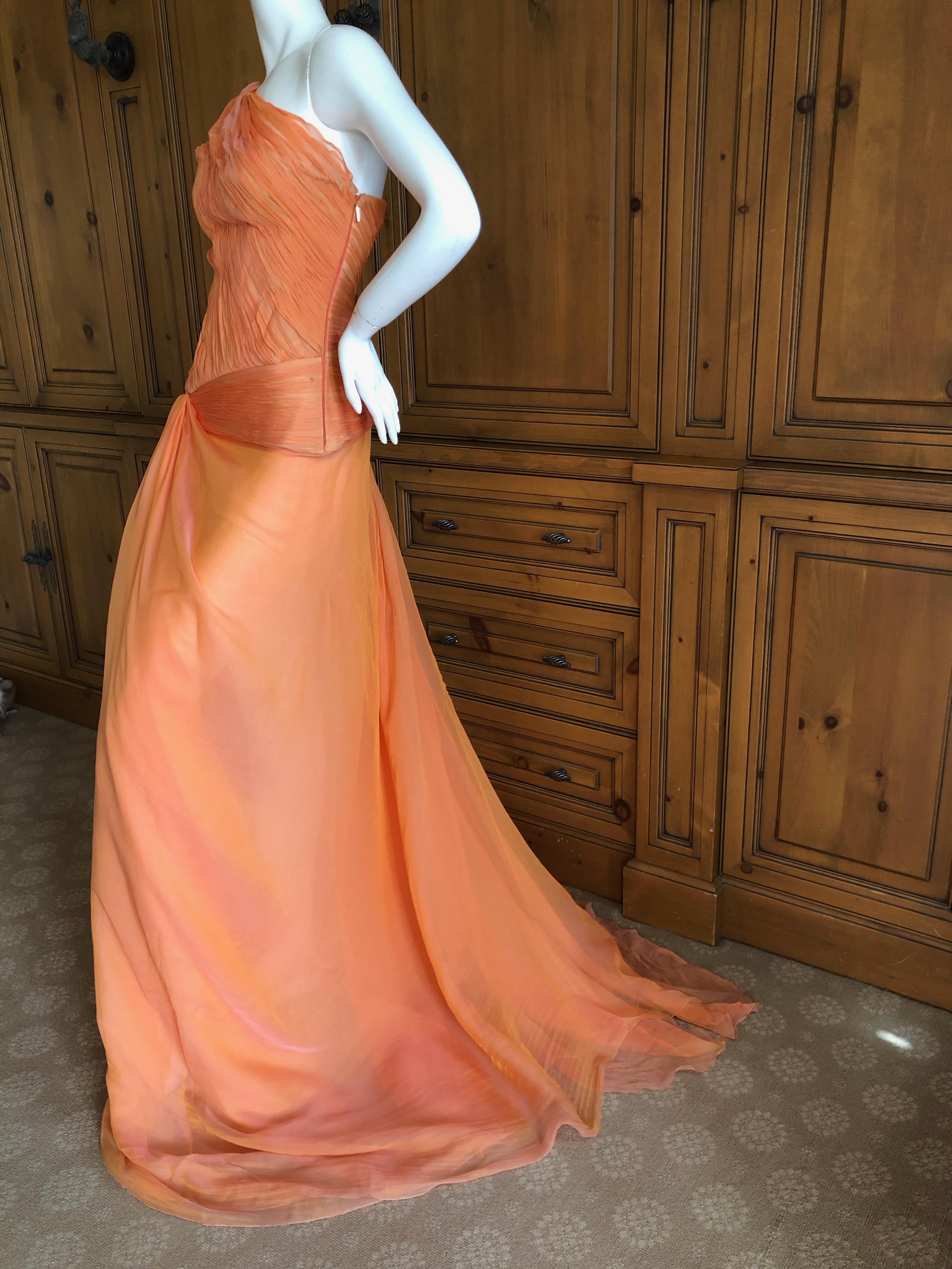 Roberto Cavalli Vintage Iridescent Orange Silk Chiffon One Shoulder Goddess Gown.
This is so pretty
There are bra underwires and an inner corset, which don't work well on my mannequin
So sweet and sexy.
Size 38
 Bust 34