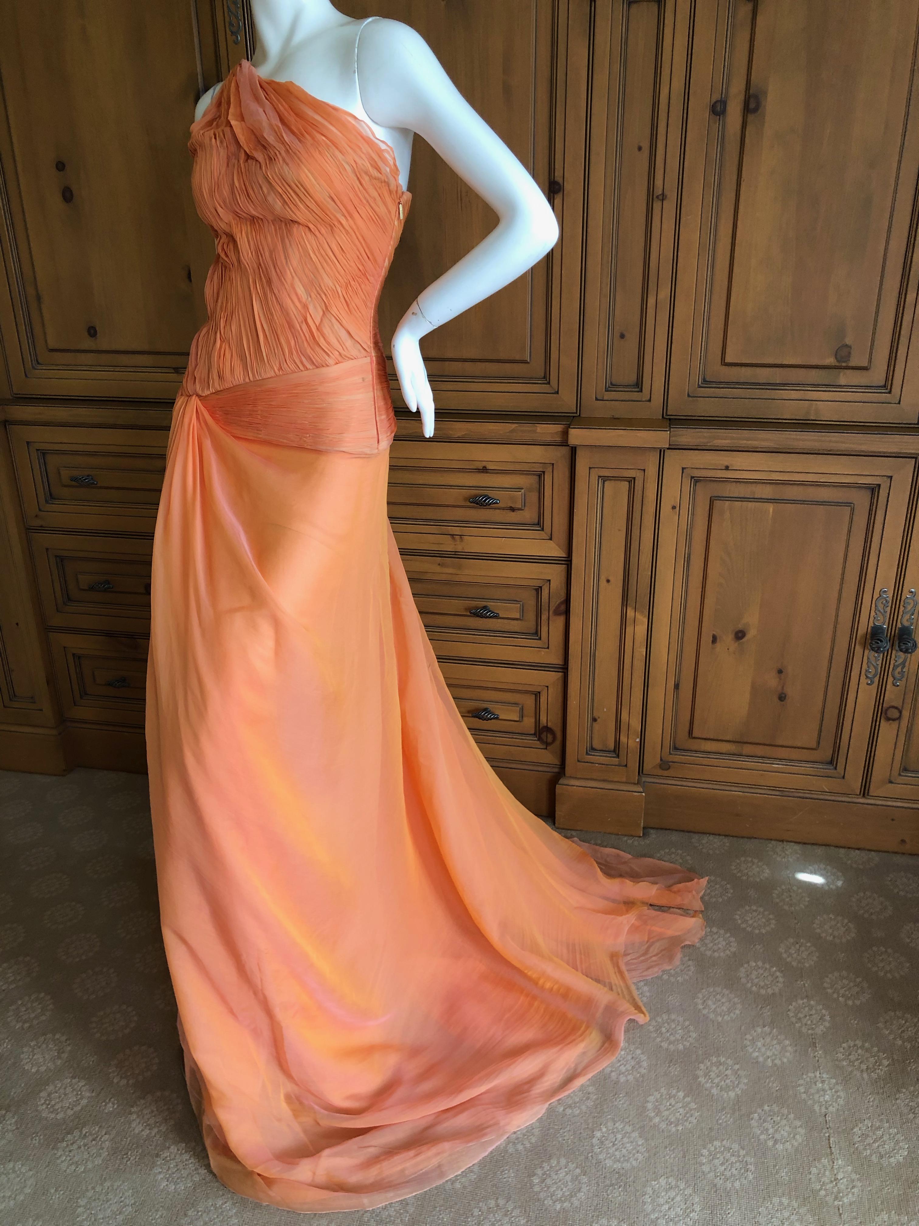 Women's Roberto Cavalli Vintage Orange Silk Chiffon One Shoulder Goddess Gown New w Tags