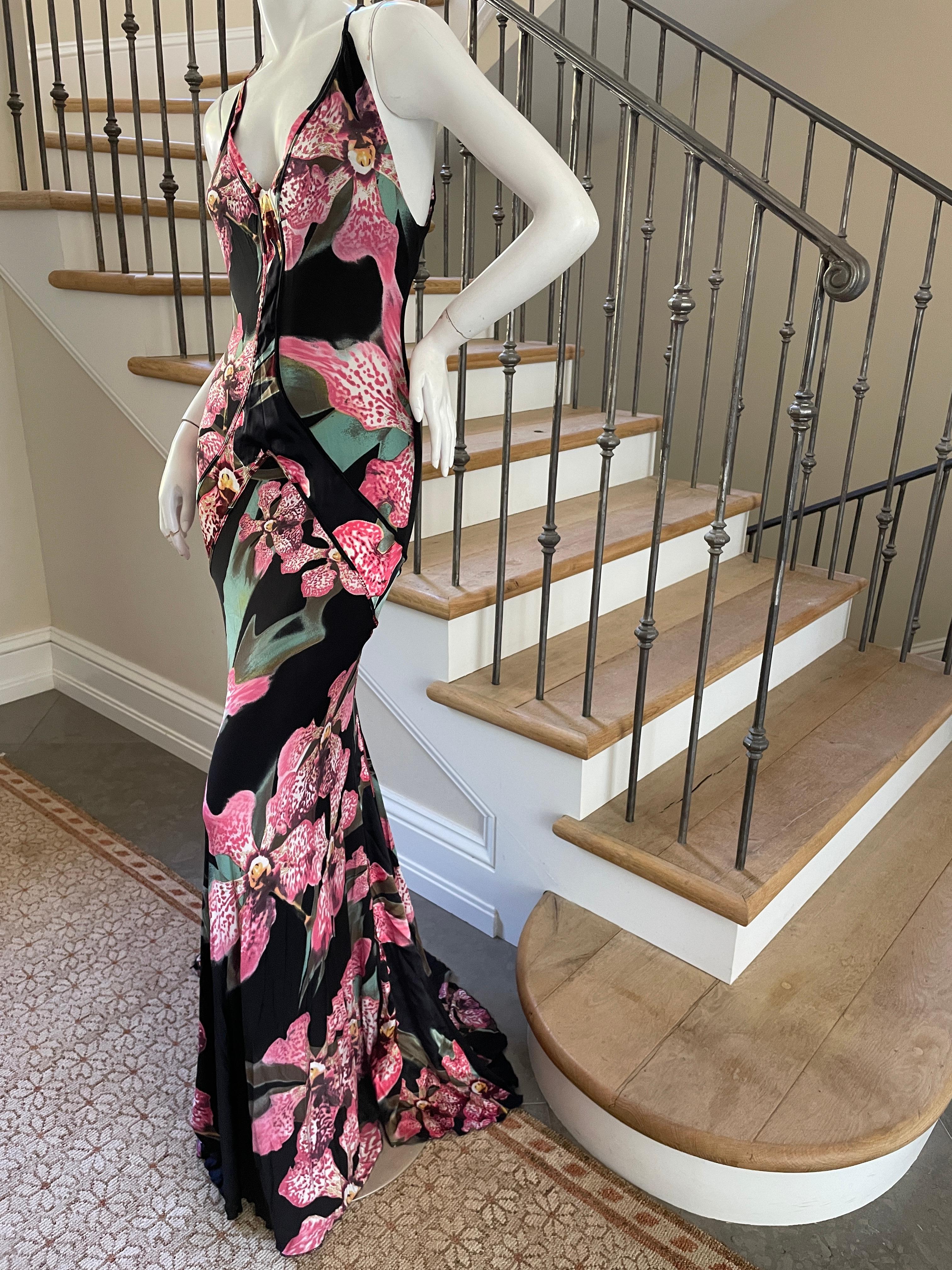 Roberto Cavalli Vintage Orchid Print Evening Dress with Short Train
 This is so petty, please use the zoom feature to see details, it's much better on .
Size M
  Bust 36