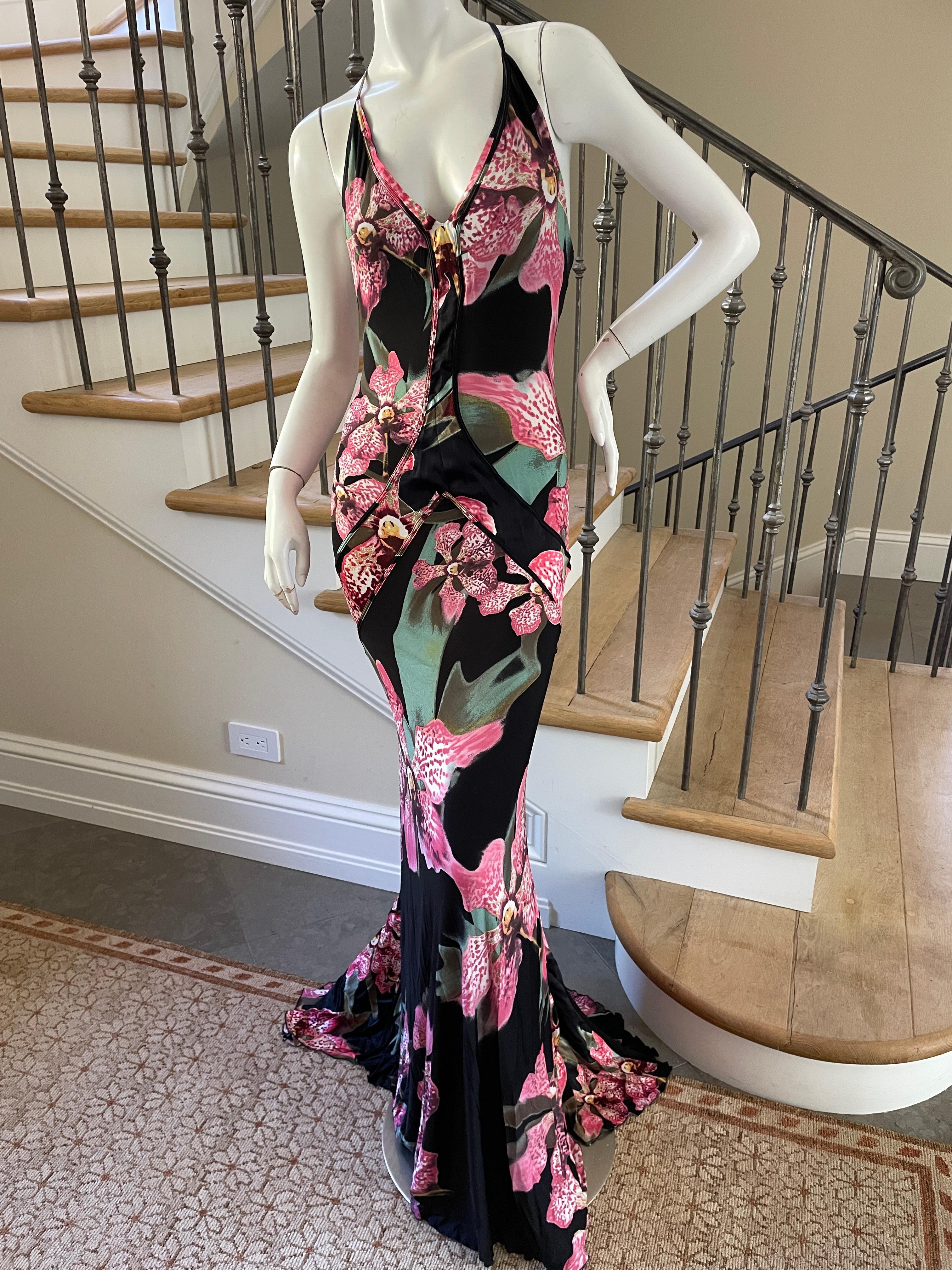 Roberto Cavalli Vintage-Abendkleid mit rosa und schwarzem Orchideendruck im Zustand „Hervorragend“ in Cloverdale, CA