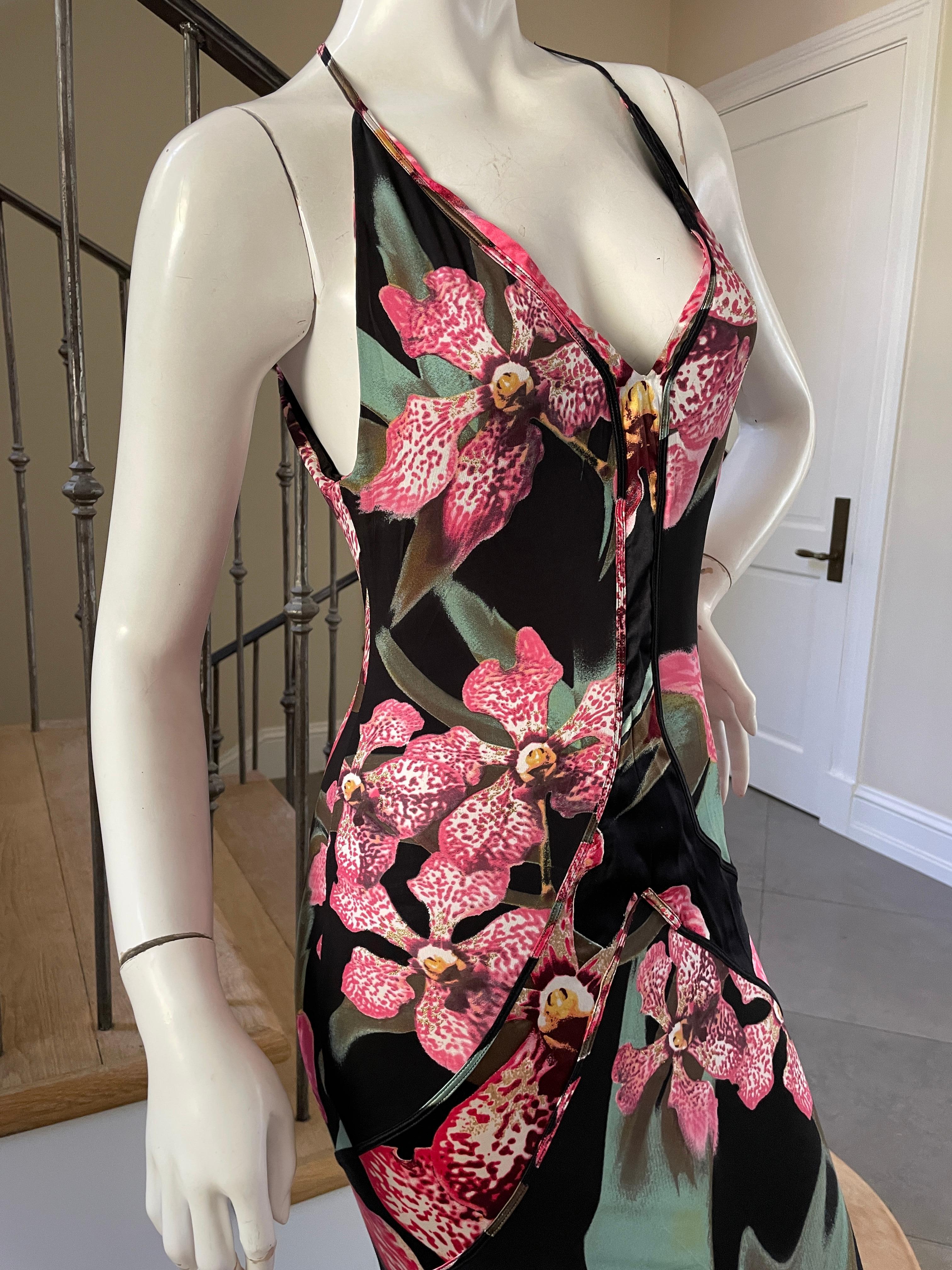 Roberto Cavalli Vintage Orchid Print Pink and Black  Evening Dress  In Excellent Condition In Cloverdale, CA