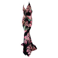 Roberto Cavalli Vintage Orchid Print Pink and Black  Evening Dress 