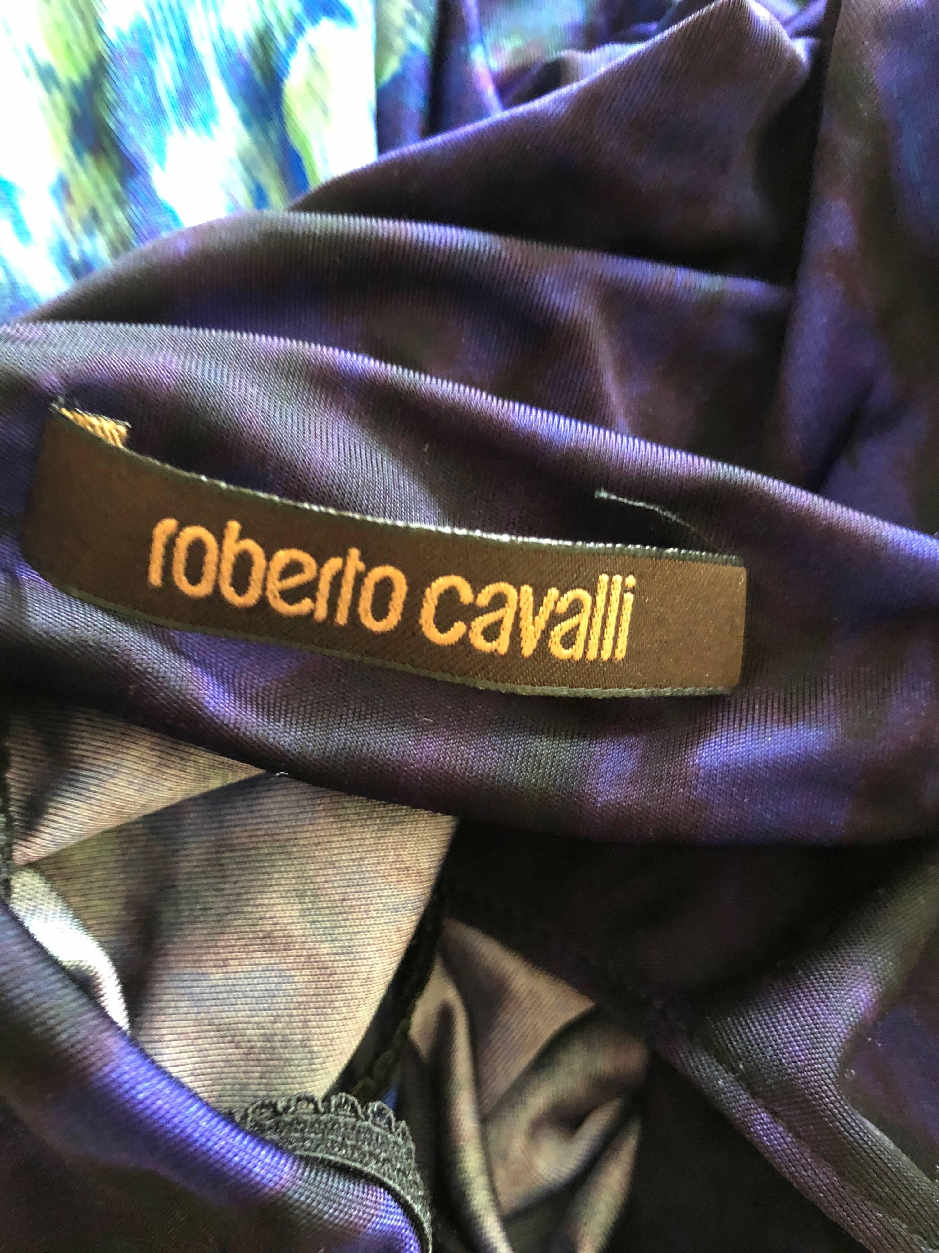 Roberto Cavalli Vintage Peacock Feather Print Halter Style Evening Dress 3