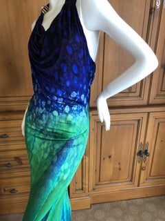 Roberto Cavalli Vintage Peacock Feather Print Halter Style Evening Dress