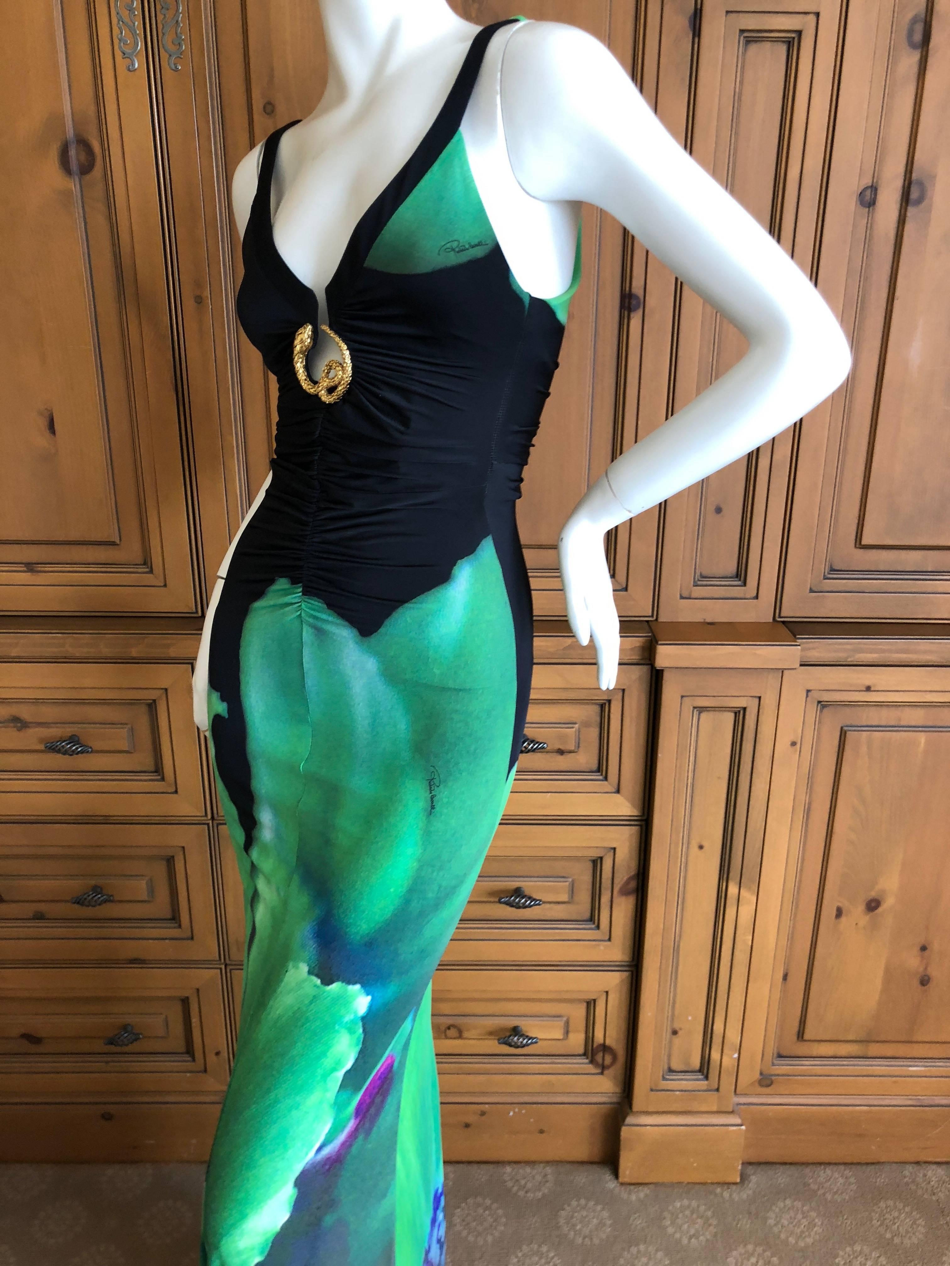 Roberto Cavalli Vintage Peacock Feather Print Halter Style Evening Dress 14
