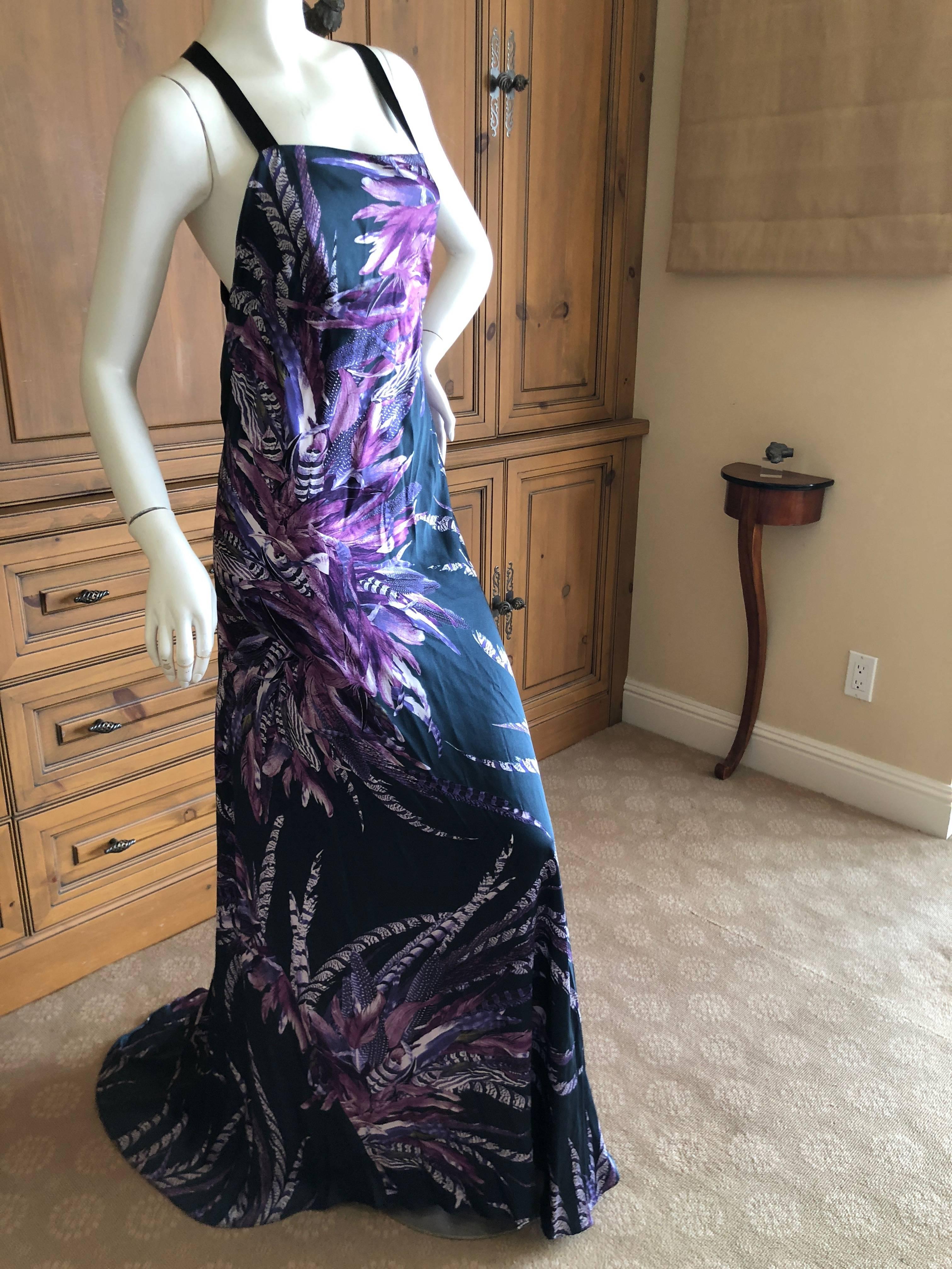 Roberto Cavalli Vintage Peacock Feather Print Halter Style Evening Dress 16