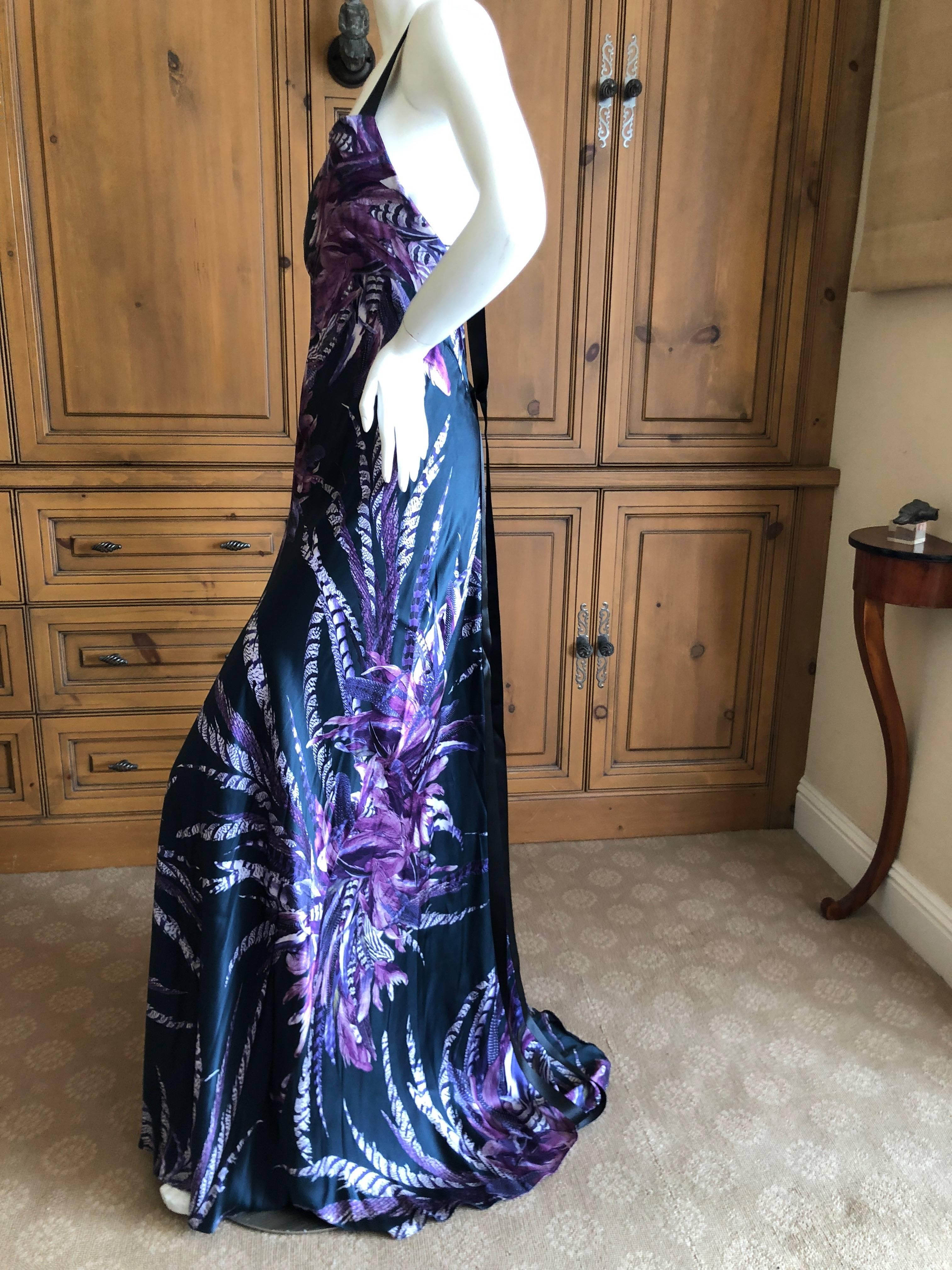 Roberto Cavalli Vintage Peacock Feather Print Halter Style Evening Dress 21