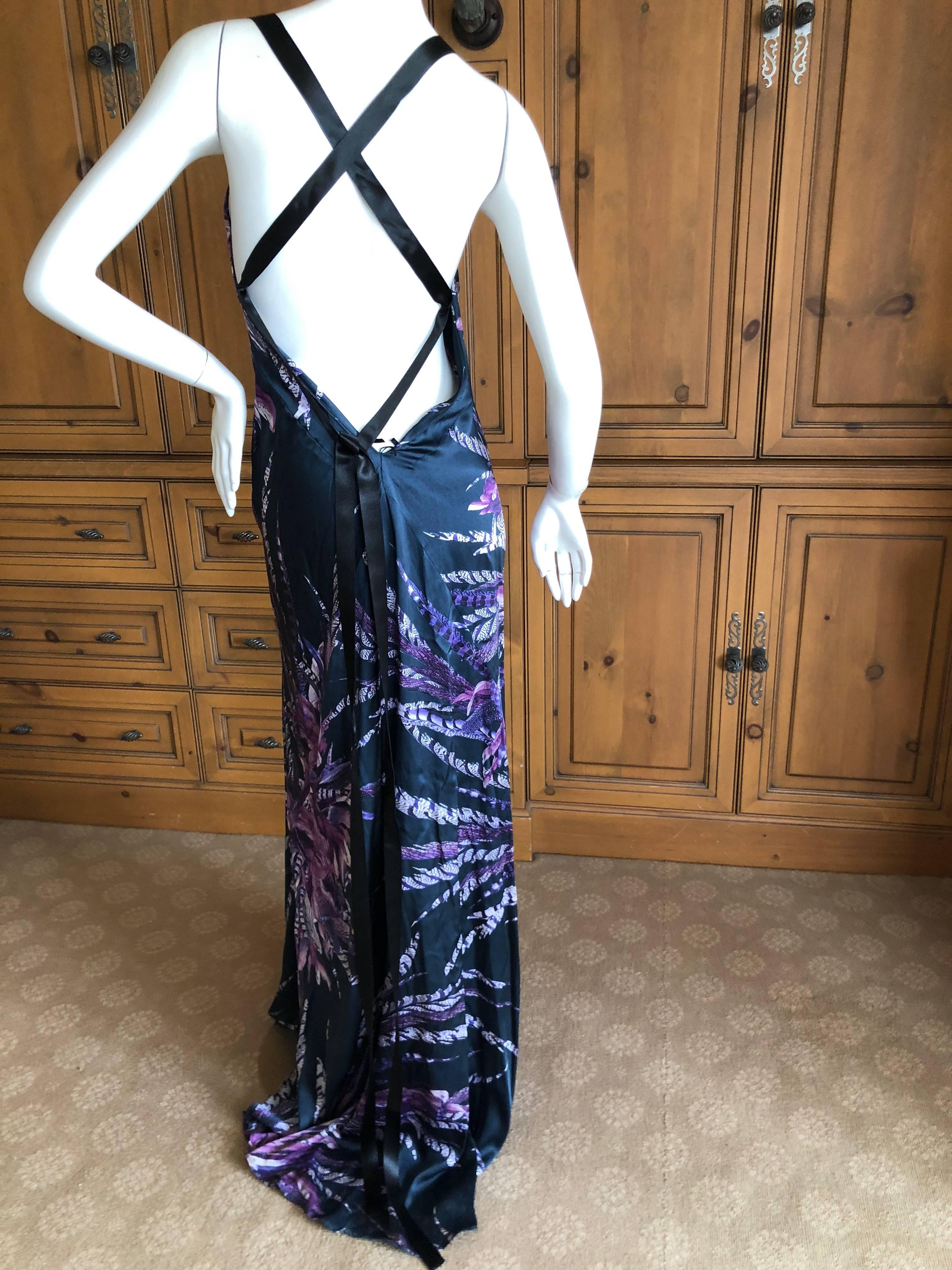 Roberto Cavalli Vintage Peacock Feather Print Halter Style Evening Dress 22